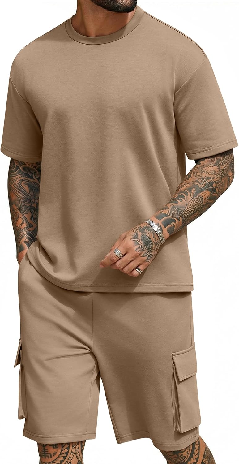 Men's Shirt and Shorts Set 2 Piece Fashion Summer Tracksuits Cotton Oversized T-Shirts Cargo Shorts Outfits