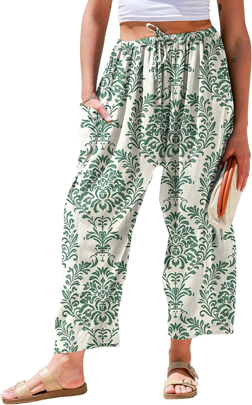 Womens Linen Wide Leg Pants Casual Loose Drawstring Low Waist Beach Palazzo Harem Pants with Pockets