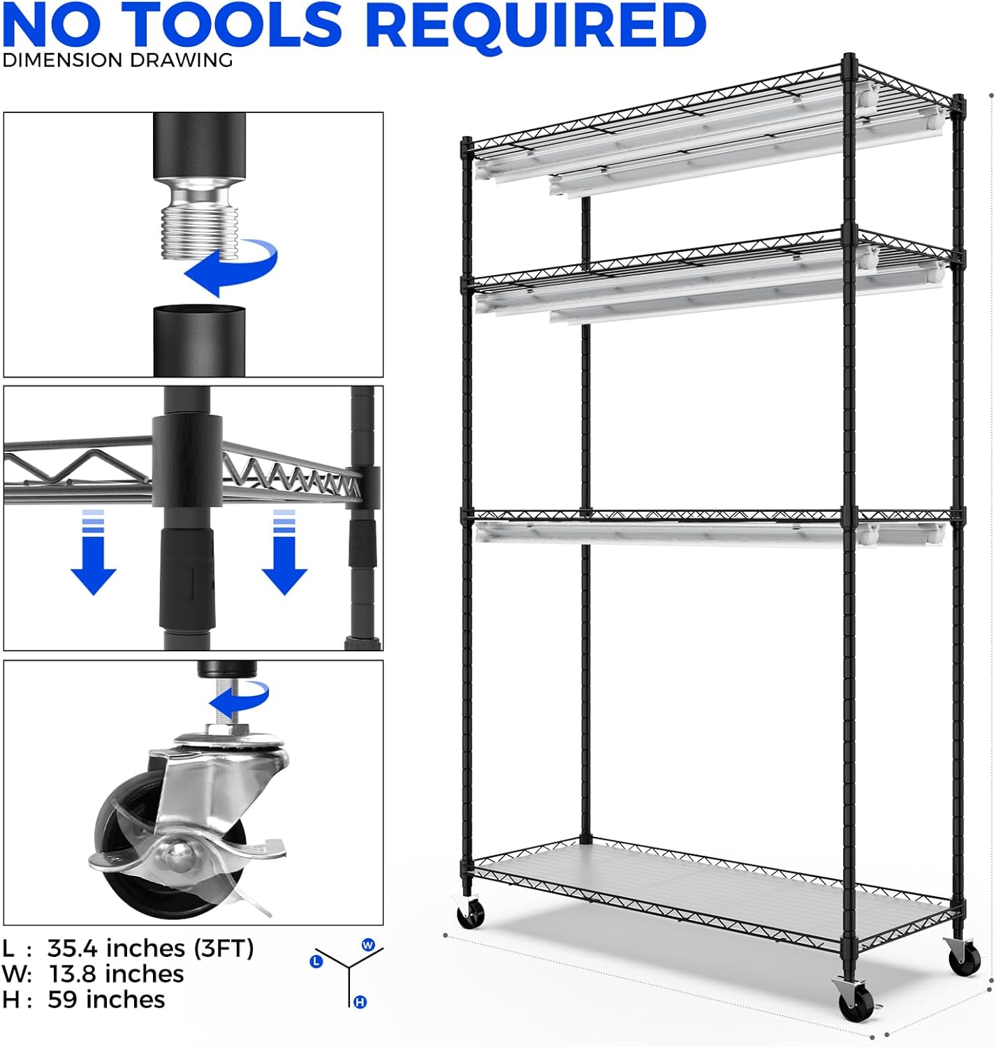 Mini Greenhouse with LED Grow Light for Indoor Plant, 4-Tier Portable Metal Plant Stand with Wheels, Plant Shelf with Tent, 6Pcs Plant Light with Timer and Thermo-Hygrometer, 35.4x13.8x59IN
