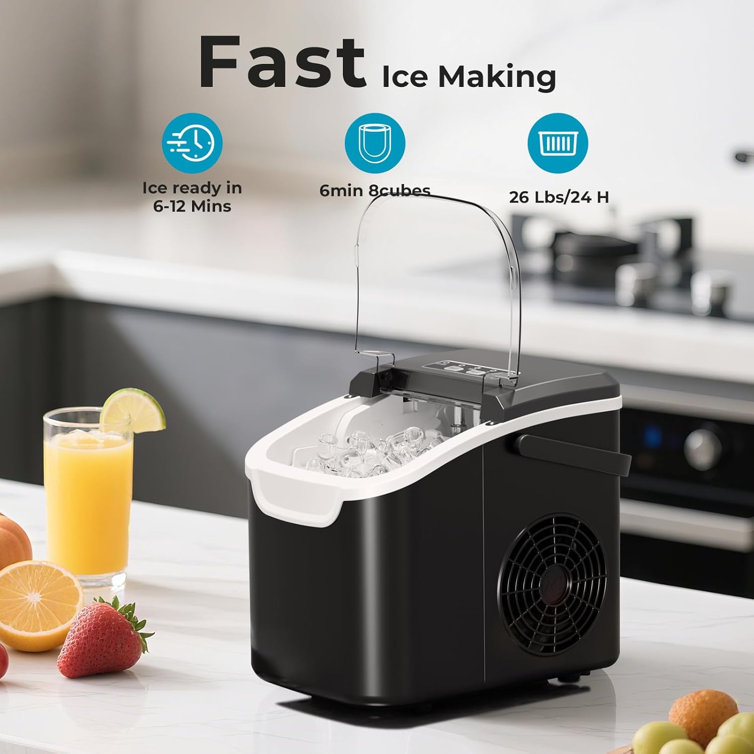 Ice Maker Countertop, Efficient Easy Carry Ice Machine, Self-Cleaning Ice Maker with Ice Scoop & Basket, 9pcs/ 8mins 26.6Lbs Per Day for Home/Office/Kitchen,Black