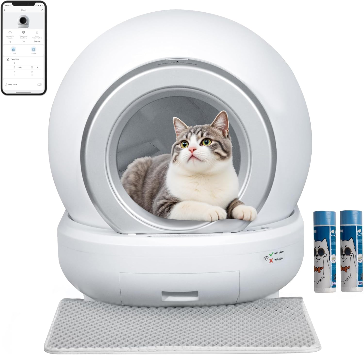 65L Large Automatic Cat Litter Box Self-Cleaning for Multiple Cats with APP Control/Odor Control/Low Noise/Safety/Mat and 2 Garbage Bags (White) Self Cleaning Litter Box,