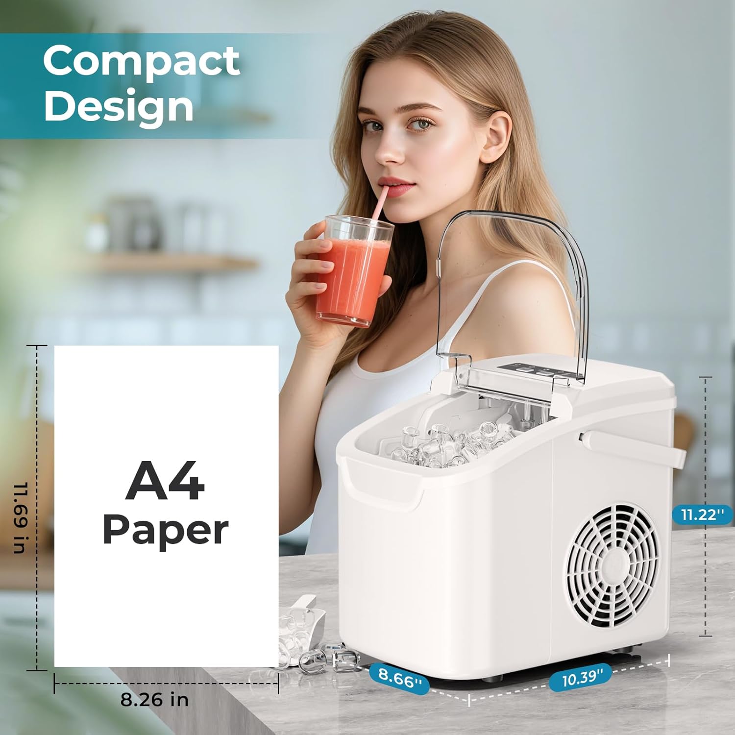 Ice Maker Countertop, Efficient Easy Carry Ice Machine, Self-Cleaning Ice Maker with Ice Scoop & Basket, 9pcs/ 8mins 26.6Lbs Per Day for Home/Office/Kitchen,Black