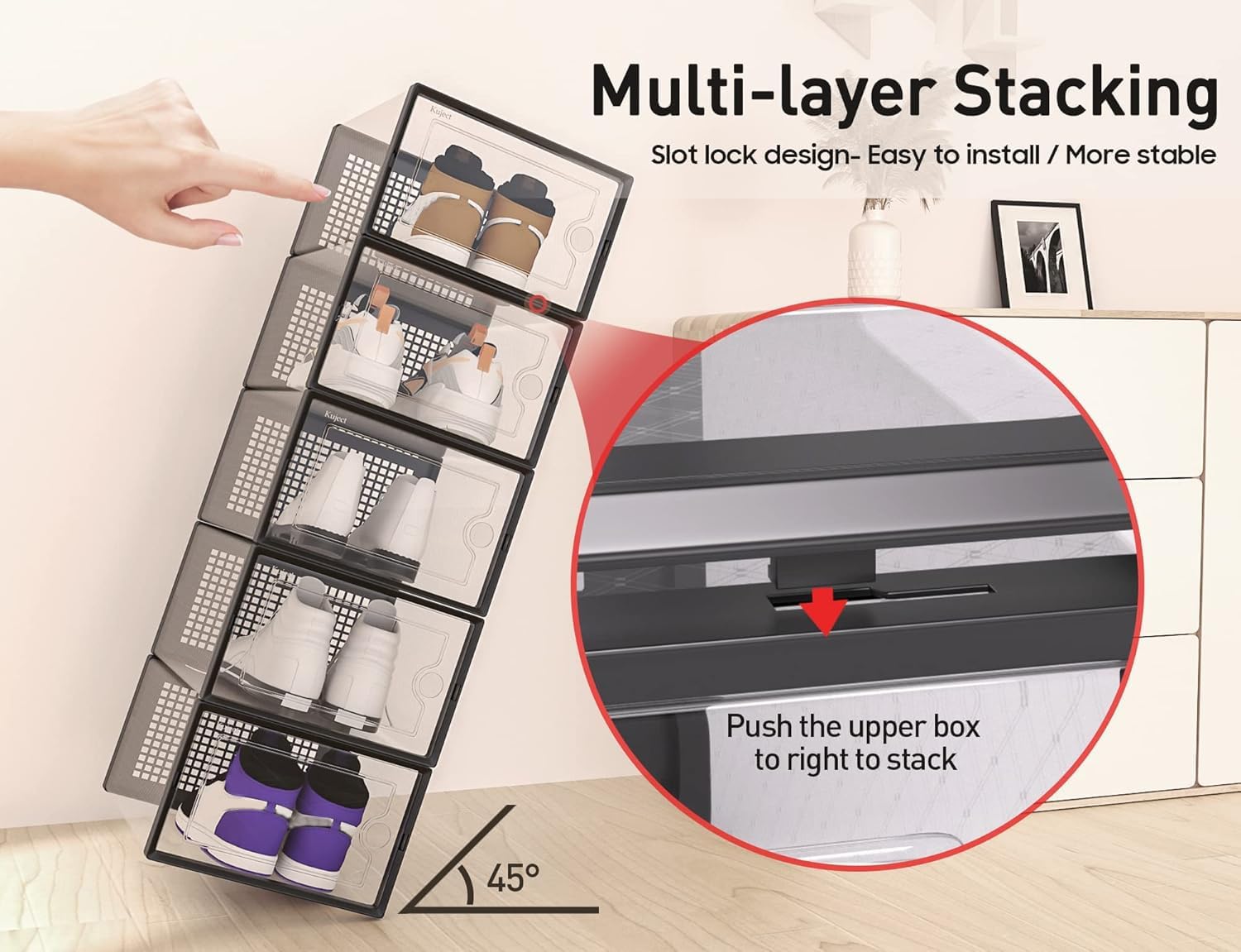 Large Shoe Storage Boxes Organizers Clear Plastic Stackable 12 Pack, Shoe Rack & Holder Substitute, Sneaker Containers, Toy Storage Organizer Bins for Entryway, Closet, Under Bed, Black