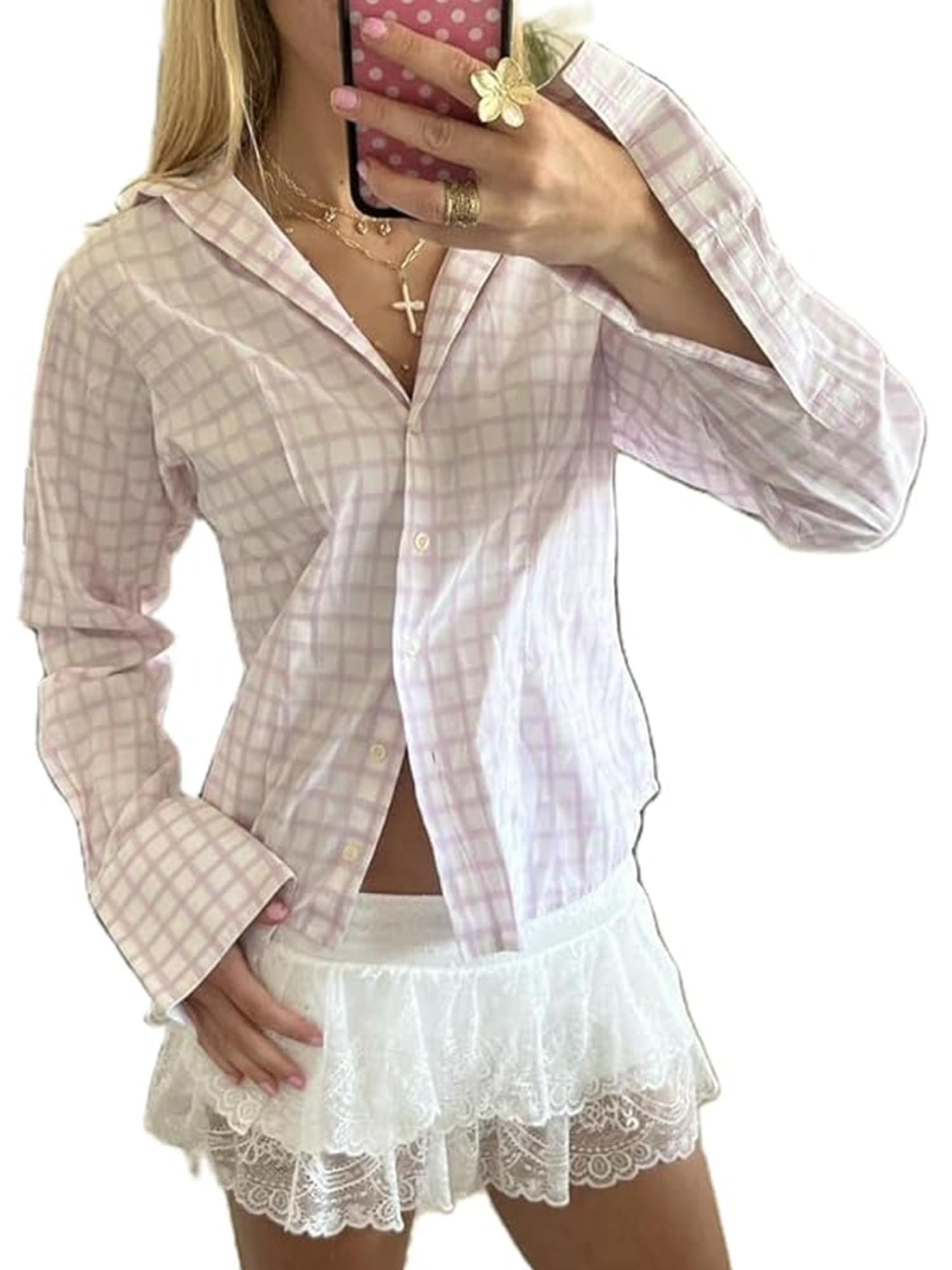 Women's Basic Button Down Shirts Long Sleeve V Neck Lapel Collar Tight Blouse Slim Fit Tops Casual Office Shirt - A-pink1