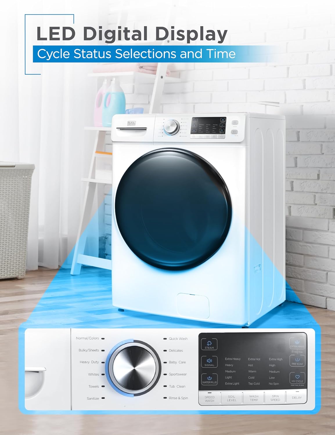 BLACK+DECKER 0.9 Cu. Ft. Portable Washer, 6.6 lb. Capacity Washing Machine for Homes & Apartments, 5 Wash Cycles, Quick Connect Sink Adapter and Drain Hose Included, Transparent Lid, BPWM09W, White