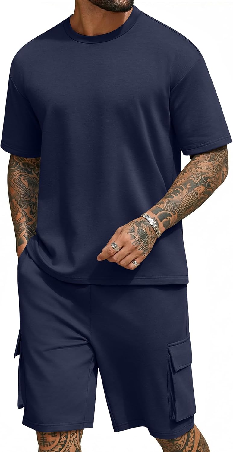 Men's Shirt and Shorts Set 2 Piece Fashion Summer Tracksuits Cotton Oversized T-Shirts Cargo Shorts Outfits
