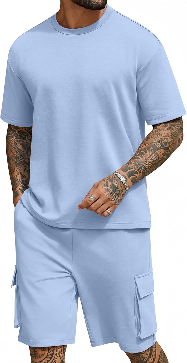 Men's Shirt and Shorts Set 2 Piece Fashion Summer Tracksuits Cotton Oversized T-Shirts Cargo Shorts Outfits