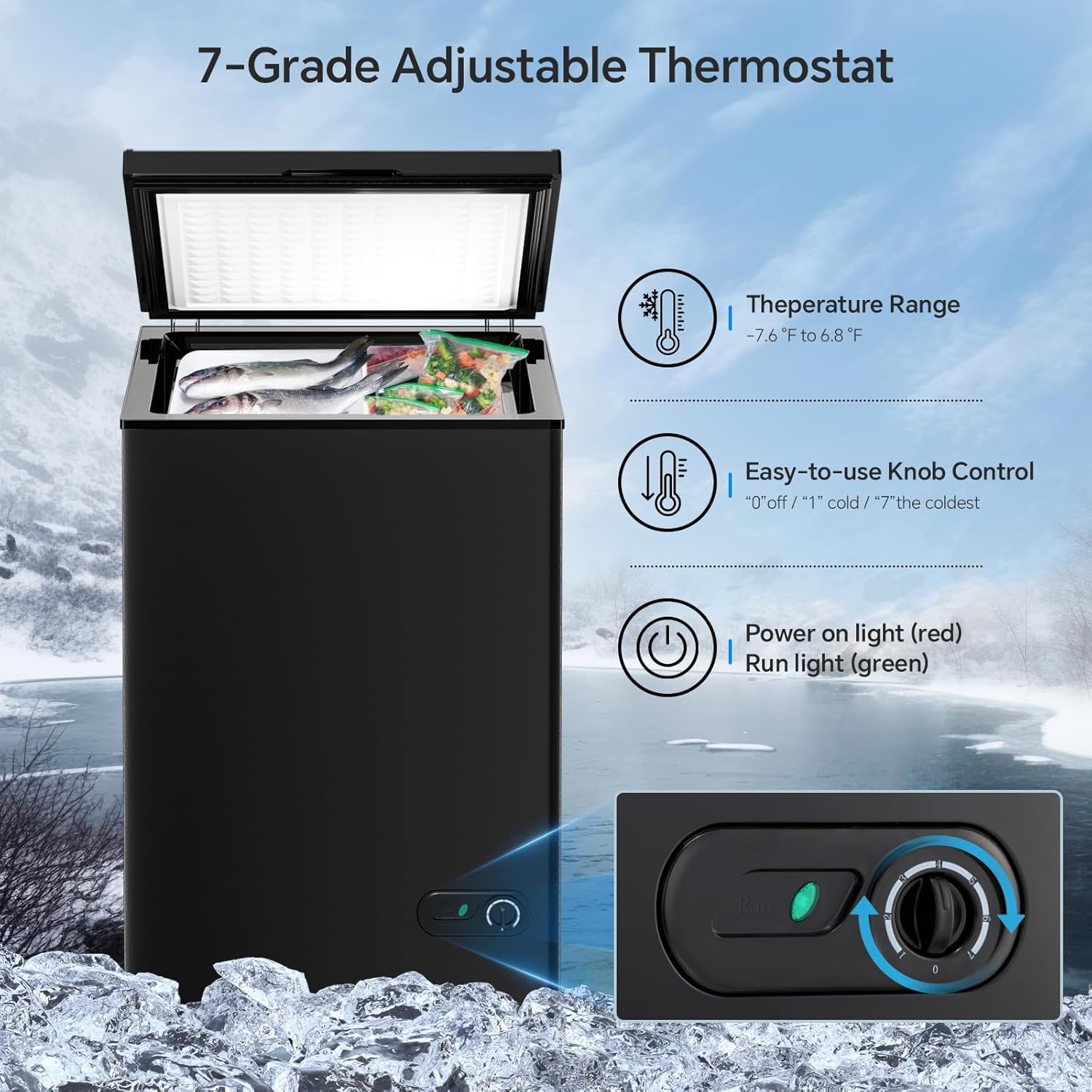 Kismile 3.5 Cubic Feet Chest Freezer with 2 Removable Baskets Free Standing Top Open Door Compact Freezer with Adjustable Temperature for Home/Kitchen/Office/Bar (3.5 Cubic Feet, Black)