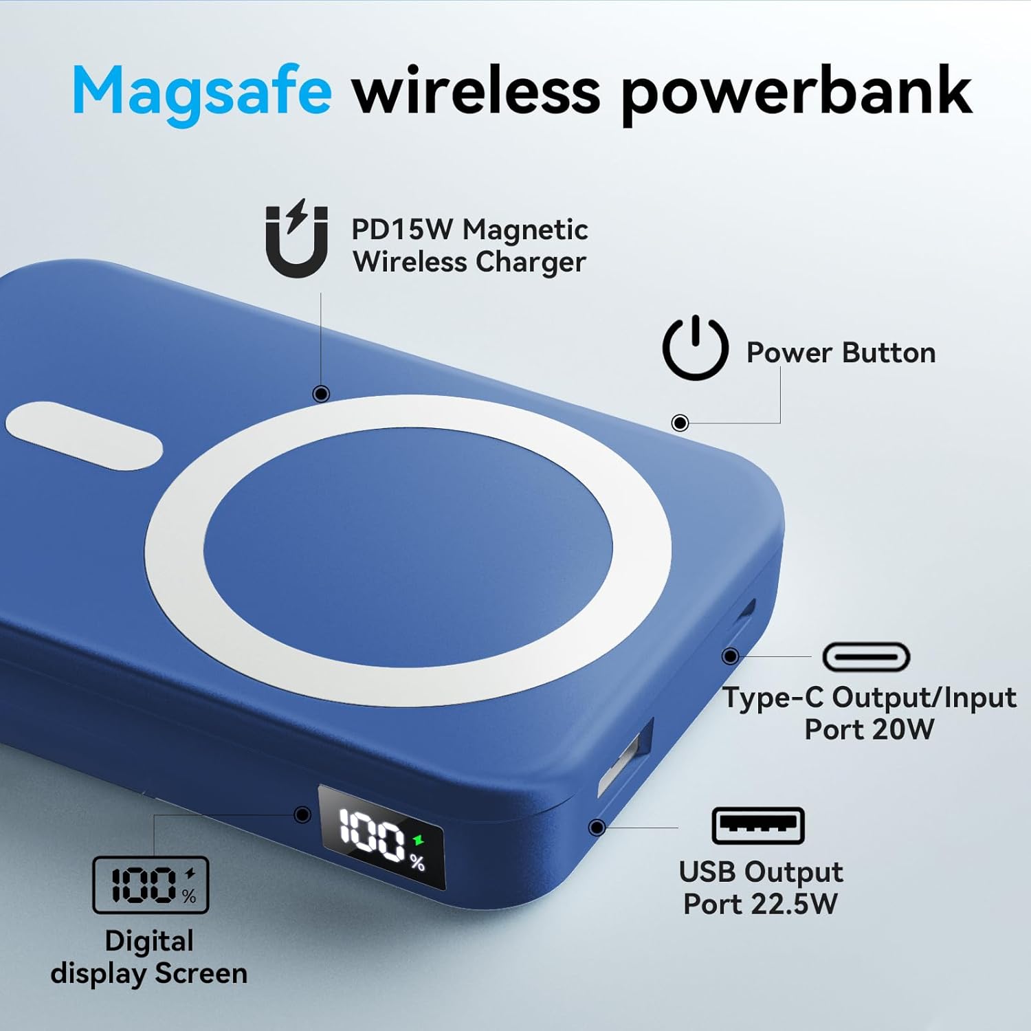 Magnetic Portable Charger, 10000mAh Wireless Power Bank with 20W USB-C Fast Charging, Foldable Stand & LED Display Magnetic Battery Pack, Compatible with iPhone 16/15/14/13/12 All Series