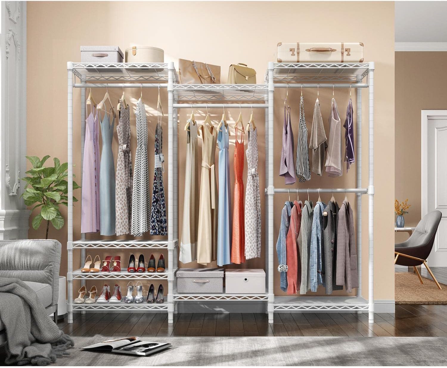 Portable Closet Wardrobe Heavy Duty Clothes Rack, with 4 Hang Rods & 8 Shelves, Adjustable Closet Racks, 68.9" L x 15.7" W x 76.4" H, Max Load 890LBS, Black