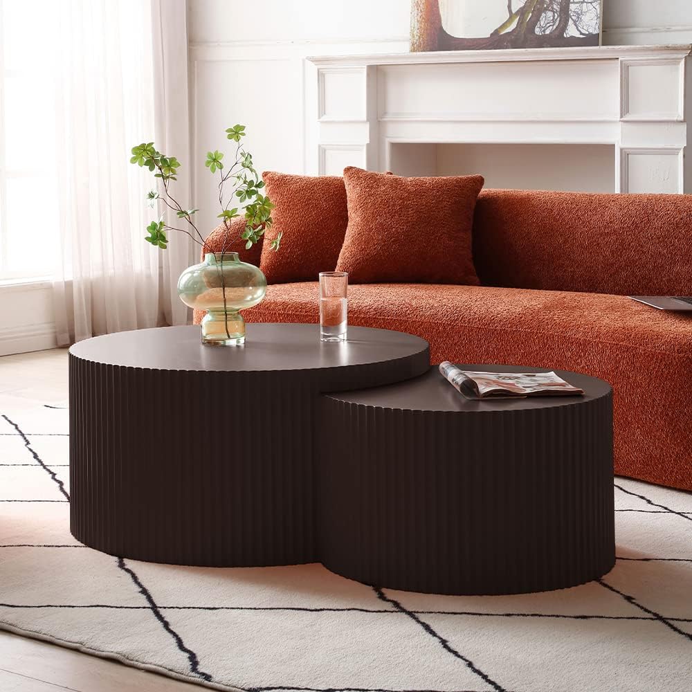 Nesting Coffee Table Set of 2, Round & Crescent Moon Wooden Coffee Tables, Modern Luxury Accent End Tea Table for Living Room Apartment (Black-Round)