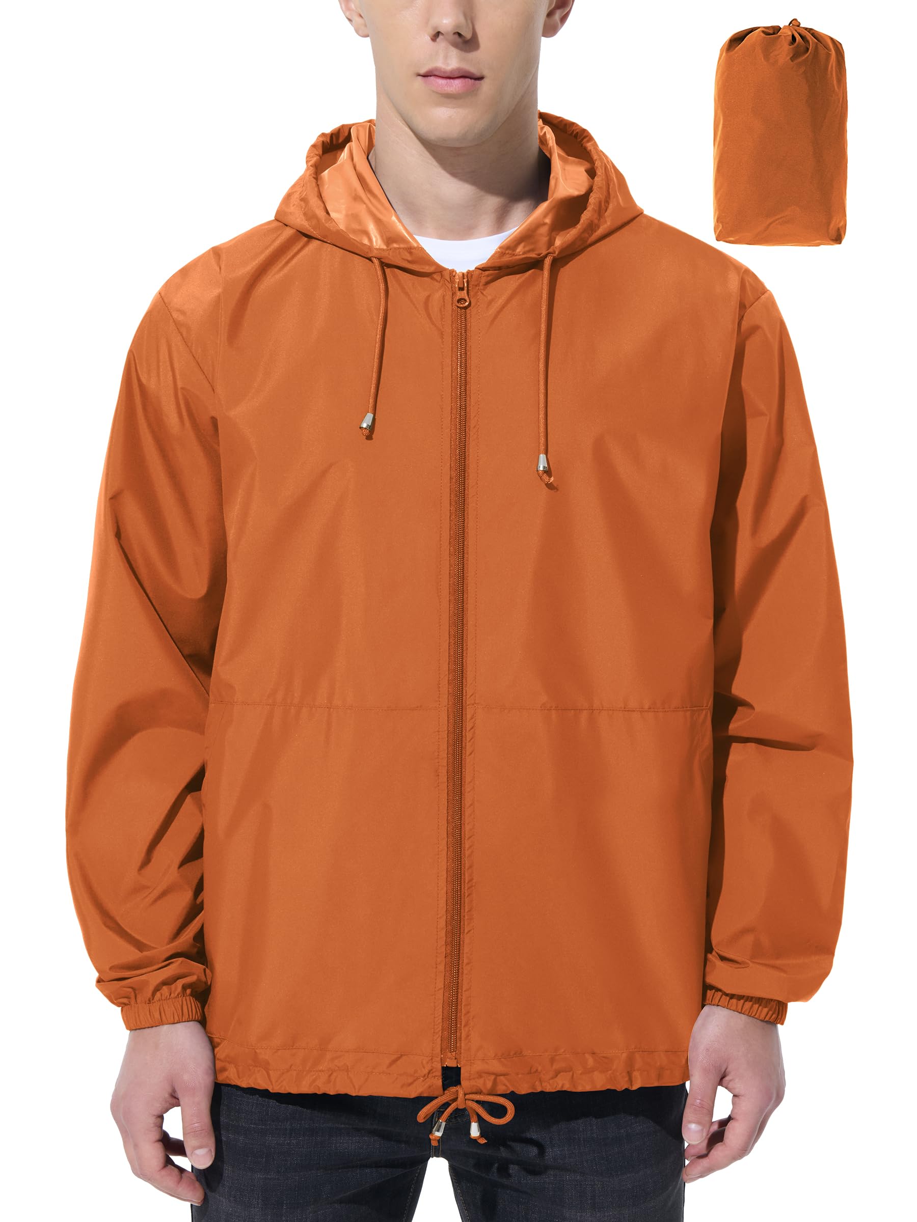 UIQUR Men Waterproof Raincoat Windbreaker Lightweight Packable Rain Jacket - Orange