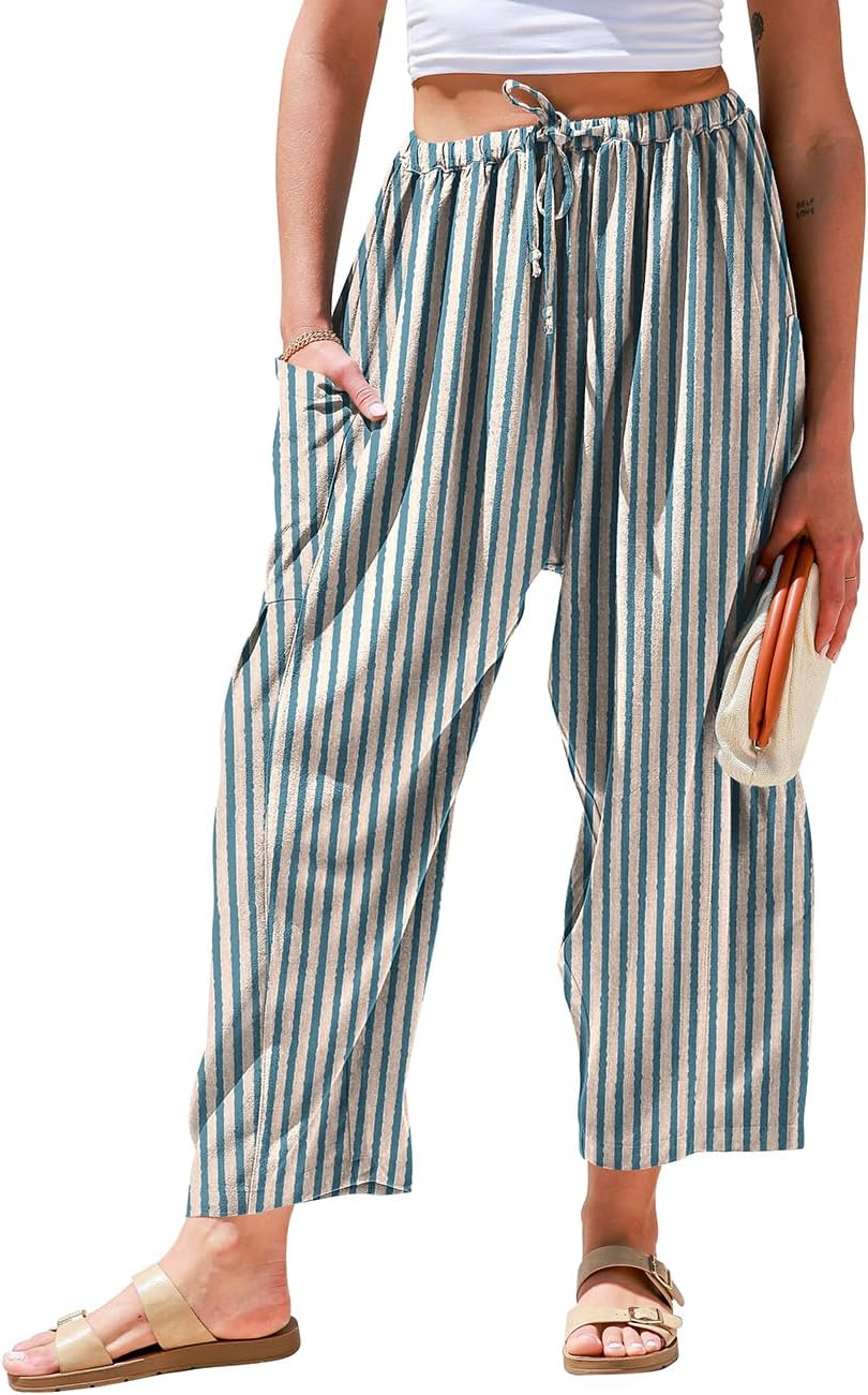 Womens Linen Wide Leg Pants Casual Loose Drawstring Low Waist Beach Palazzo Harem Pants with Pockets
