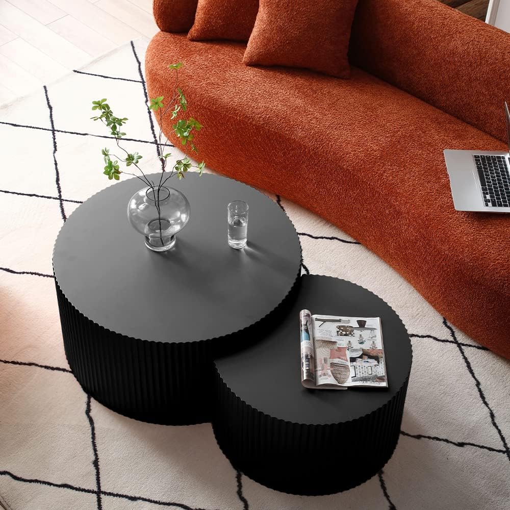 Nesting Coffee Table Set of 2, Round & Crescent Moon Wooden Coffee Tables, Modern Luxury Accent End Tea Table for Living Room Apartment (Black-Round)
