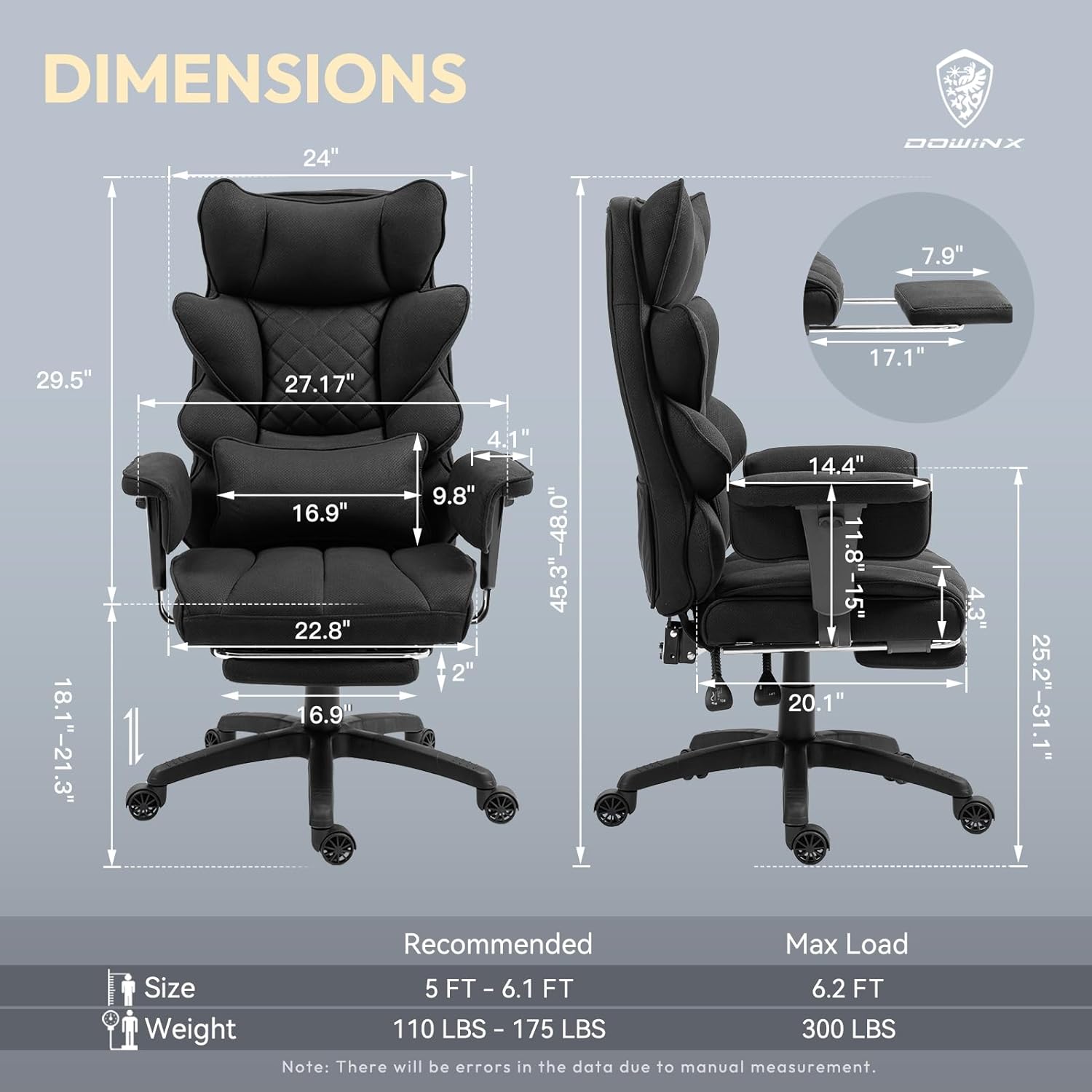 Dowinx Big and Tall Office Chair with Pocket Spring Cushion,High Back Computer Gaming Chairs with Adjustable Armrests and Lumbar Support,Executive Desk Chairs with Footrest,(Fabric, Black)