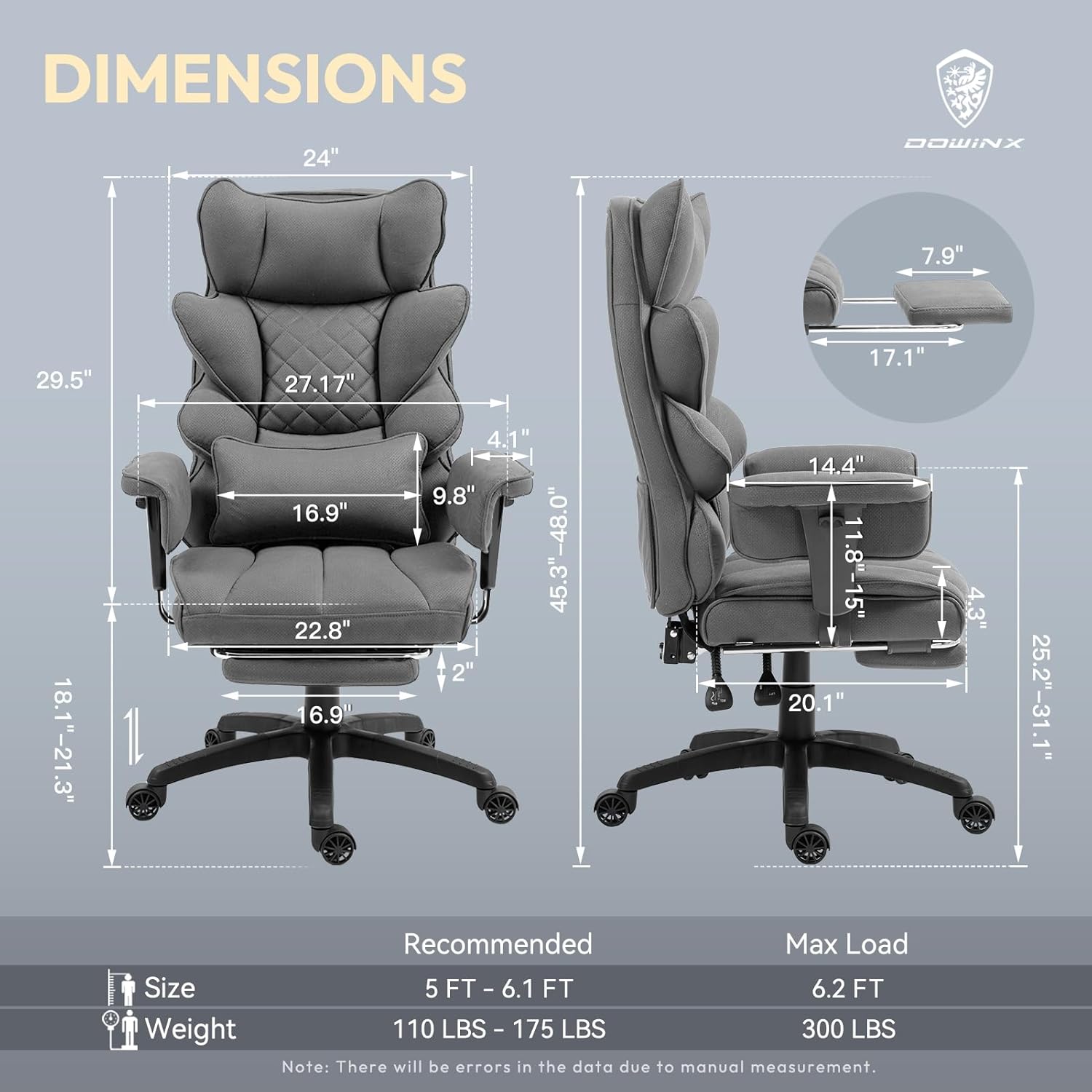 Dowinx Big and Tall Office Chair with Pocket Spring Cushion,High Back Computer Gaming Chairs with Adjustable Armrests and Lumbar Support,Executive Desk Chairs with Footrest,(Fabric, Black)