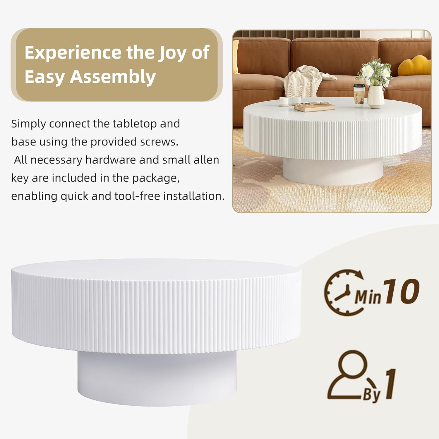 Nesting Coffee Table Set of 2, Round & Crescent Moon Wooden Coffee Tables, Modern Luxury Accent End Tea Table for Living Room Apartment (Black-Round)