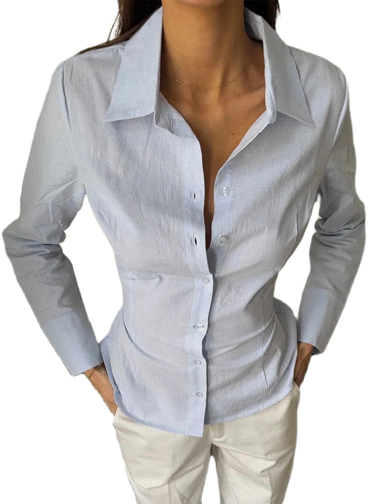 Women's Basic Button Down Shirts Long Sleeve V Neck Lapel Collar Tight Blouse Slim Fit Tops Casual Office Shirt - C-light Blue