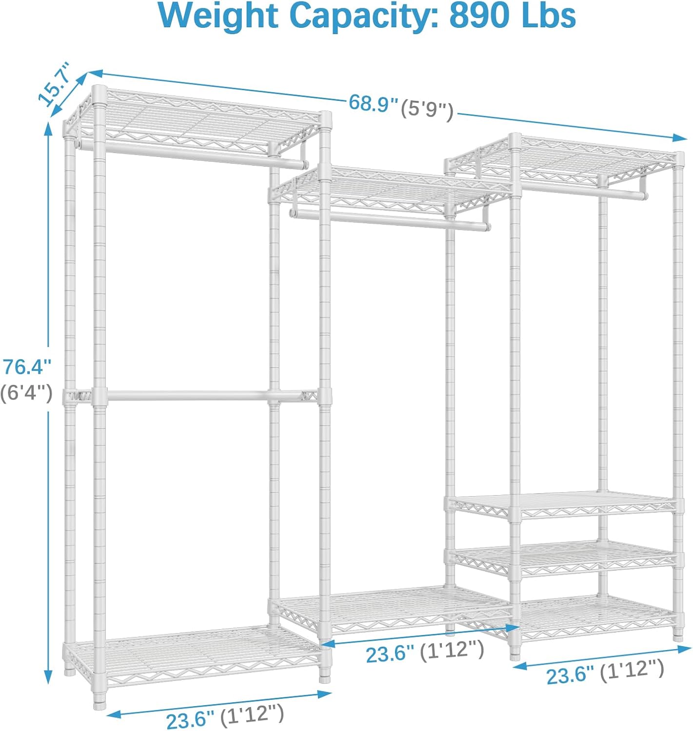 Portable Closet Wardrobe Heavy Duty Clothes Rack, with 4 Hang Rods & 8 Shelves, Adjustable Closet Racks, 68.9" L x 15.7" W x 76.4" H, Max Load 890LBS, Black