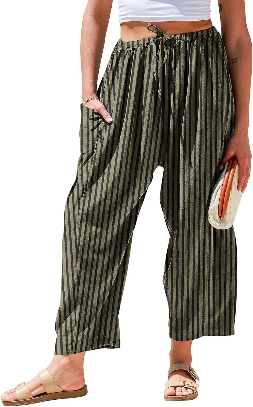 Womens Linen Wide Leg Pants Casual Loose Drawstring Low Waist Beach Palazzo Harem Pants with Pockets