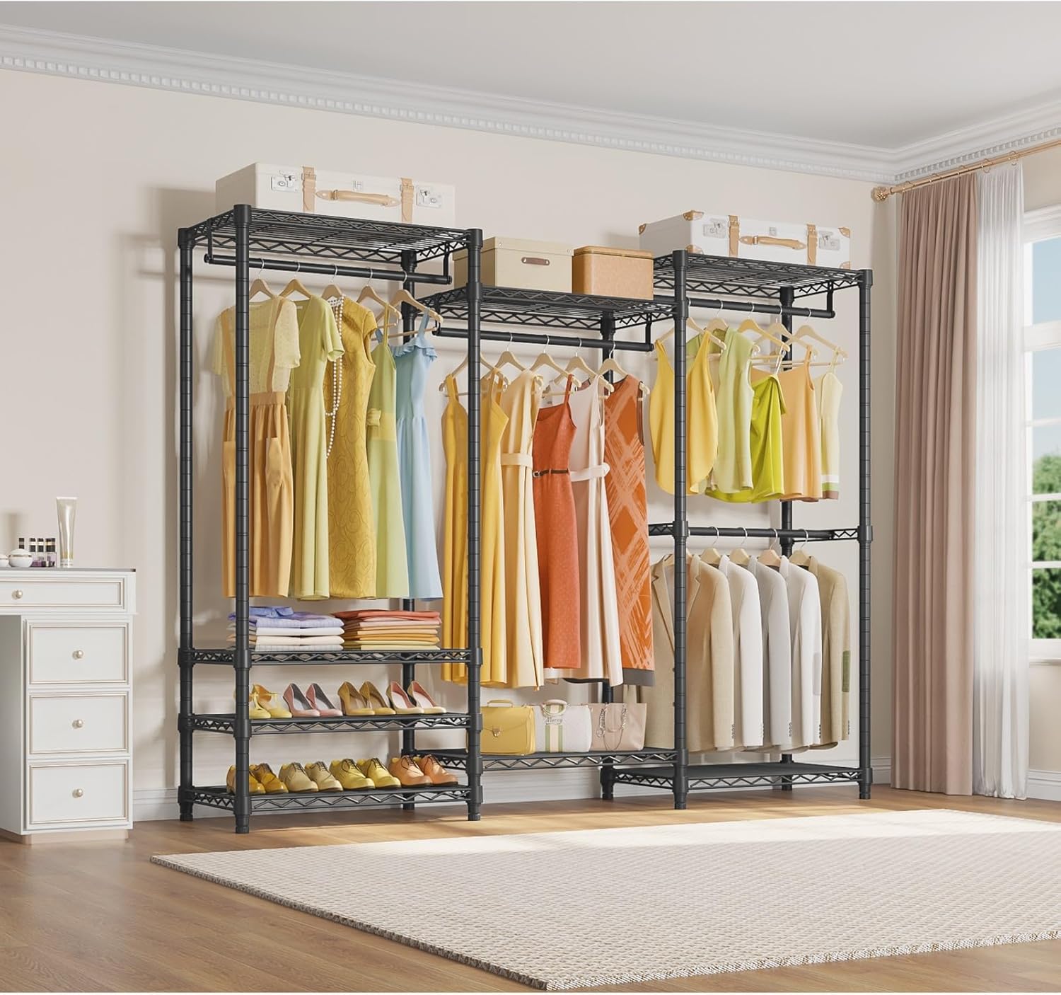 Portable Closet Wardrobe Heavy Duty Clothes Rack, with 4 Hang Rods & 8 Shelves, Adjustable Closet Racks, 68.9" L x 15.7" W x 76.4" H, Max Load 890LBS, Black