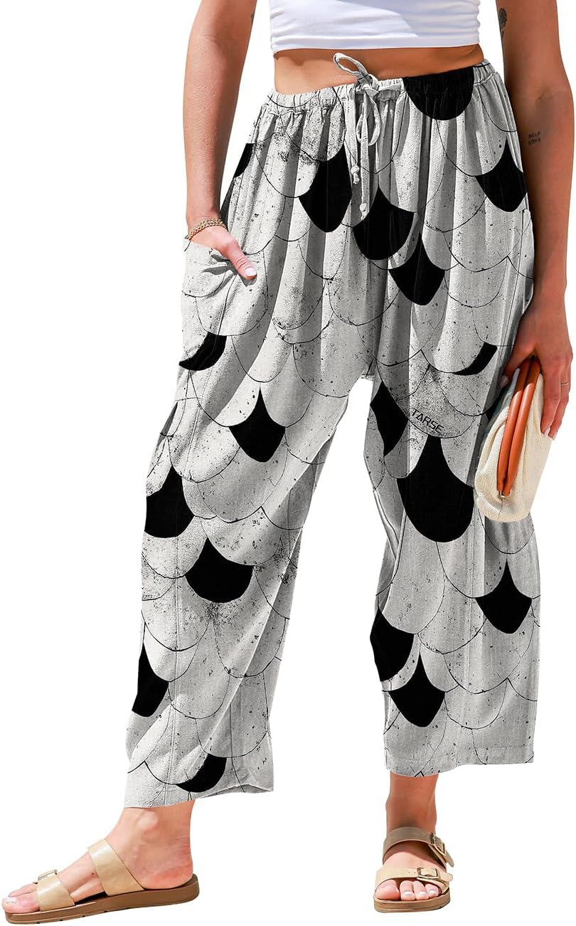 Womens Linen Wide Leg Pants Casual Loose Drawstring Low Waist Beach Palazzo Harem Pants with Pockets