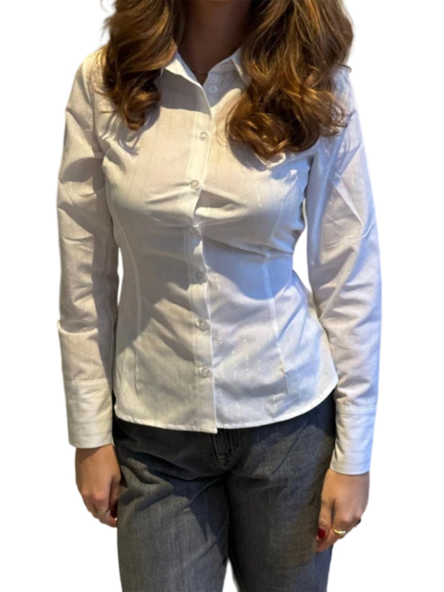 Women's Basic Button Down Shirts Long Sleeve V Neck Lapel Collar Tight Blouse Slim Fit Tops Casual Office Shirt - C-white1