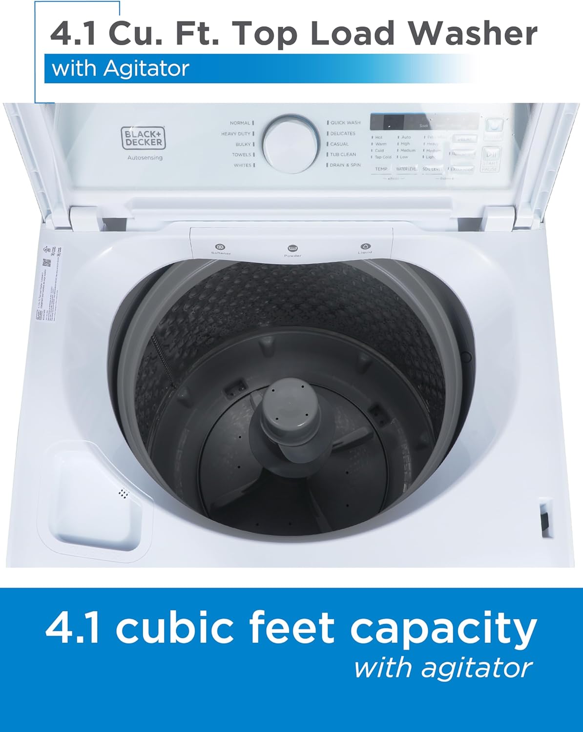 BLACK+DECKER 0.9 Cu. Ft. Portable Washer, 6.6 lb. Capacity Washing Machine for Homes & Apartments, 5 Wash Cycles, Quick Connect Sink Adapter and Drain Hose Included, Transparent Lid, BPWM09W, White