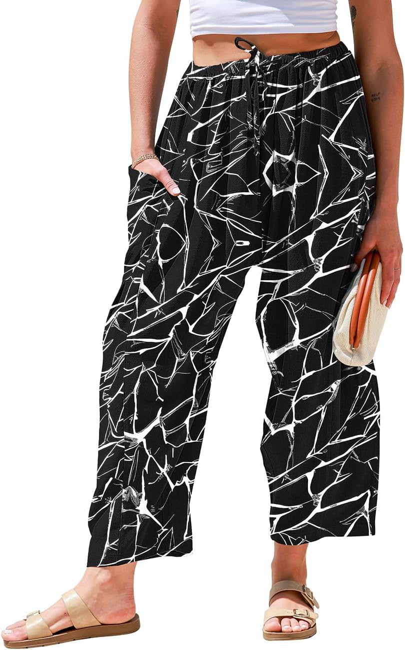 Womens Linen Wide Leg Pants Casual Loose Drawstring Low Waist Beach Palazzo Harem Pants with Pockets