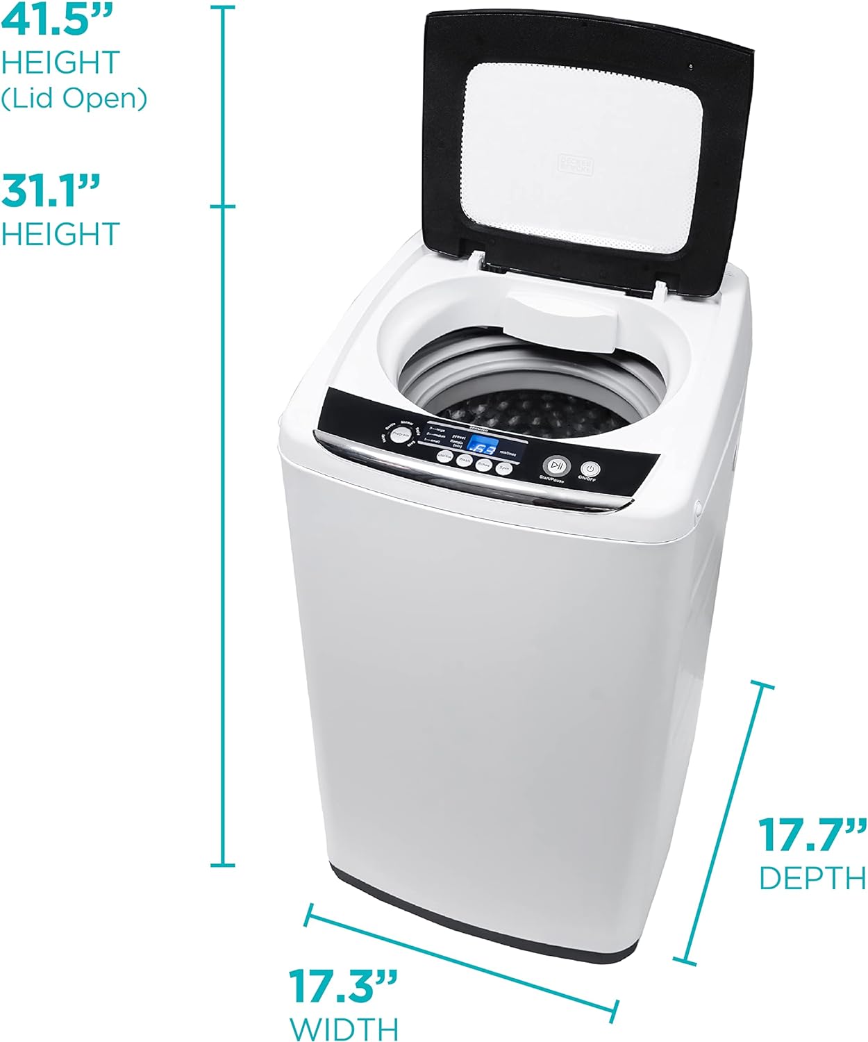 BLACK+DECKER 0.9 Cu. Ft. Portable Washer, 6.6 lb. Capacity Washing Machine for Homes & Apartments, 5 Wash Cycles, Quick Connect Sink Adapter and Drain Hose Included, Transparent Lid, BPWM09W, White