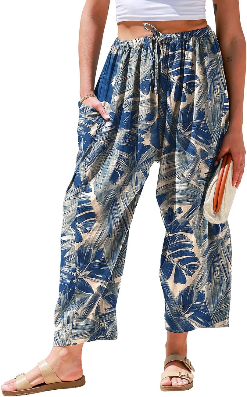Womens Linen Wide Leg Pants Casual Loose Drawstring Low Waist Beach Palazzo Harem Pants with Pockets
