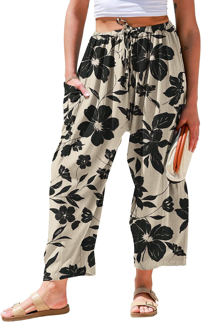 Womens Linen Wide Leg Pants Casual Loose Drawstring Low Waist Beach Palazzo Harem Pants with Pockets