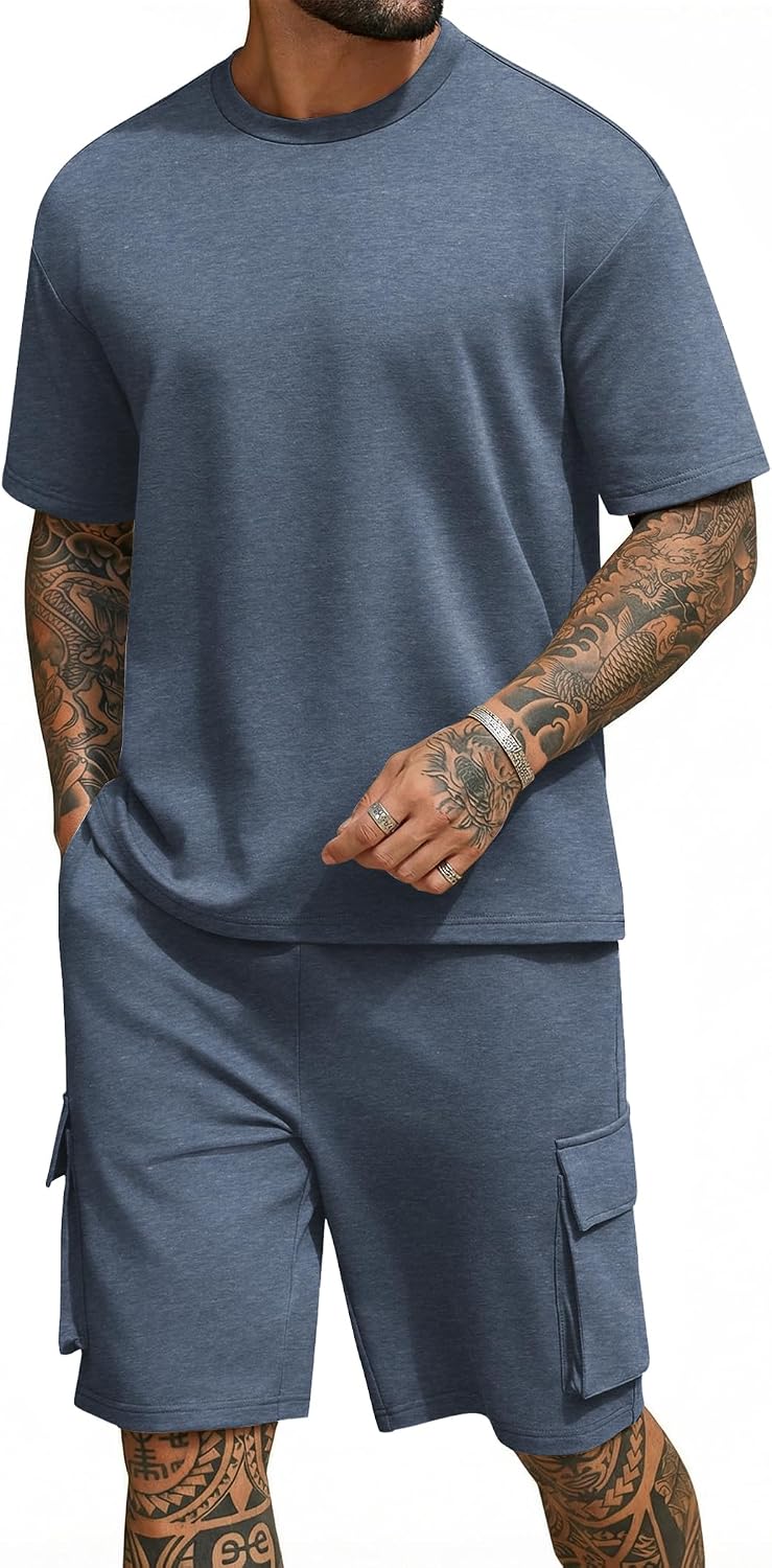 Men's Shirt and Shorts Set 2 Piece Fashion Summer Tracksuits Cotton Oversized T-Shirts Cargo Shorts Outfits