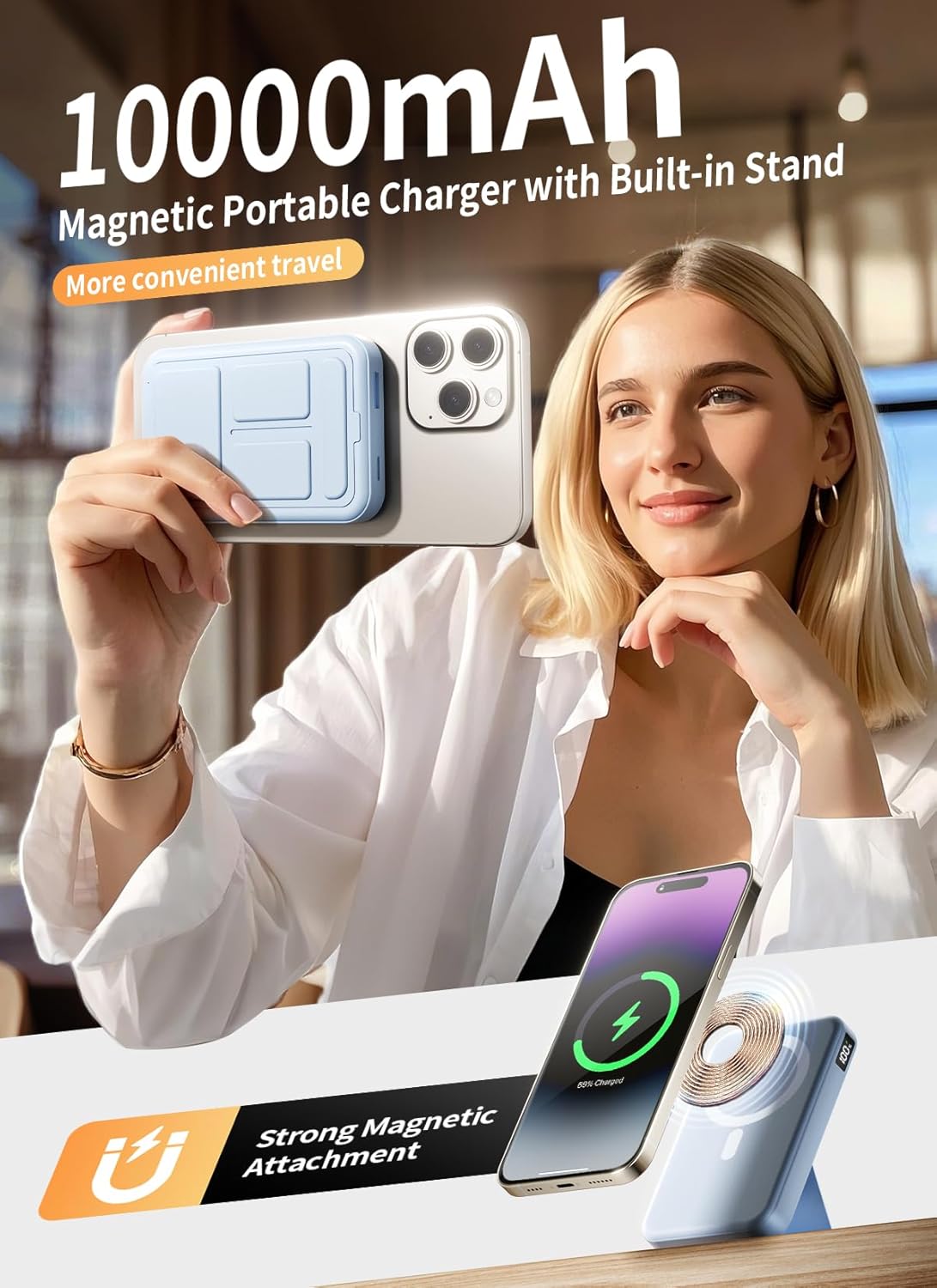 Magnetic Portable Charger, 10000mAh Wireless Power Bank with 20W USB-C Fast Charging, Foldable Stand & LED Display Magnetic Battery Pack, Compatible with iPhone 16/15/14/13/12 All Series
