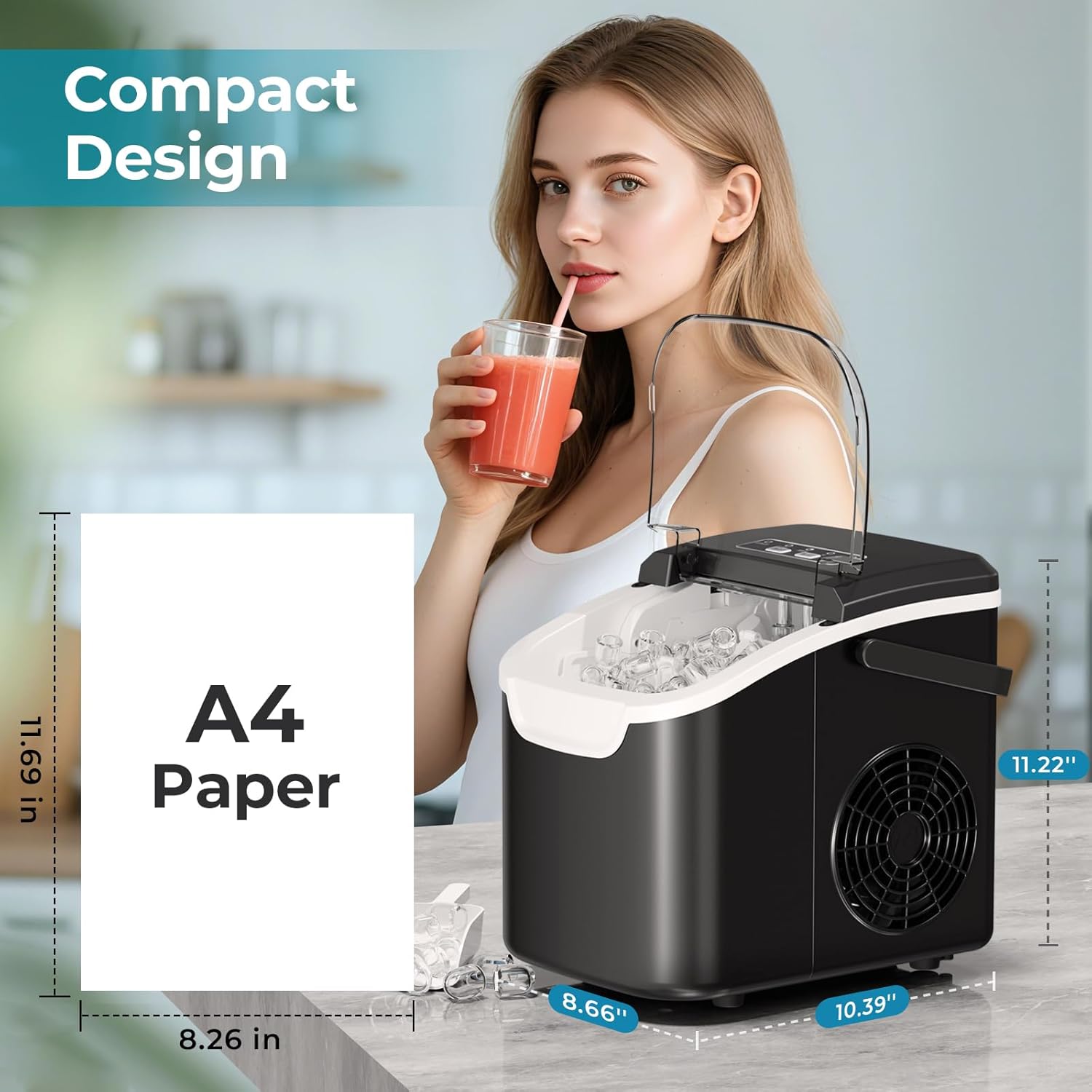 Ice Maker Countertop, Efficient Easy Carry Ice Machine, Self-Cleaning Ice Maker with Ice Scoop & Basket, 9pcs/ 8mins 26.6Lbs Per Day for Home/Office/Kitchen,Black