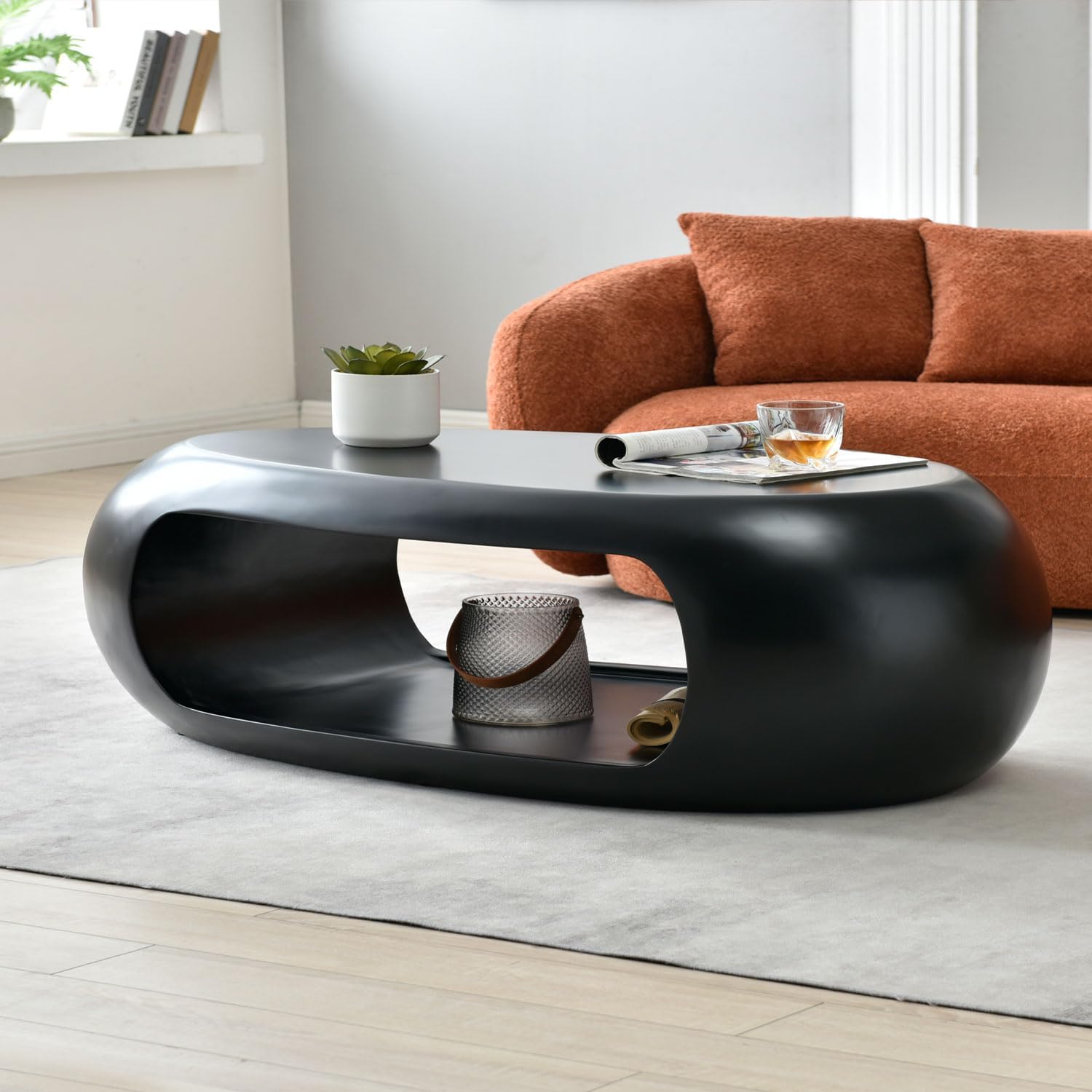 Nesting Coffee Table Set of 2, Round & Crescent Moon Wooden Coffee Tables, Modern Luxury Accent End Tea Table for Living Room Apartment (Black-Round)