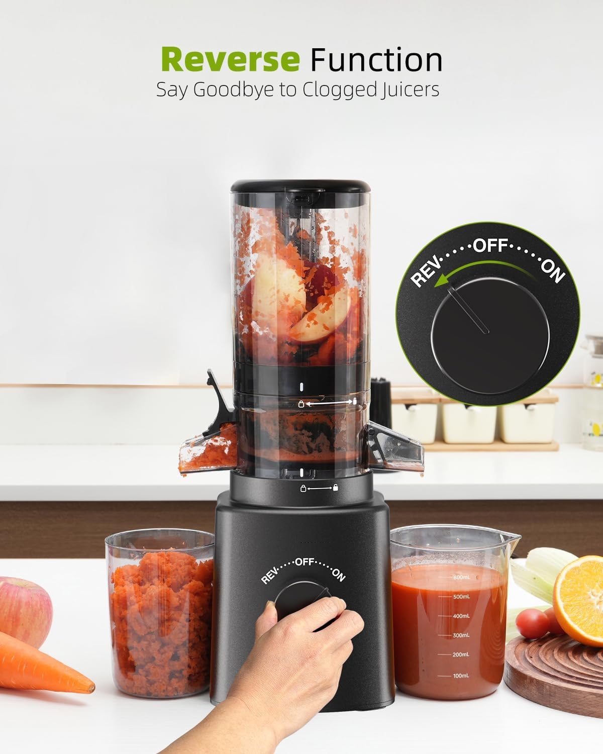Cold Press Juicer with 8 Juice Bottles - Masticating Juicer Machines for Fruits and Veggies, 4.25" Large Feed Chute, Easy to Clean