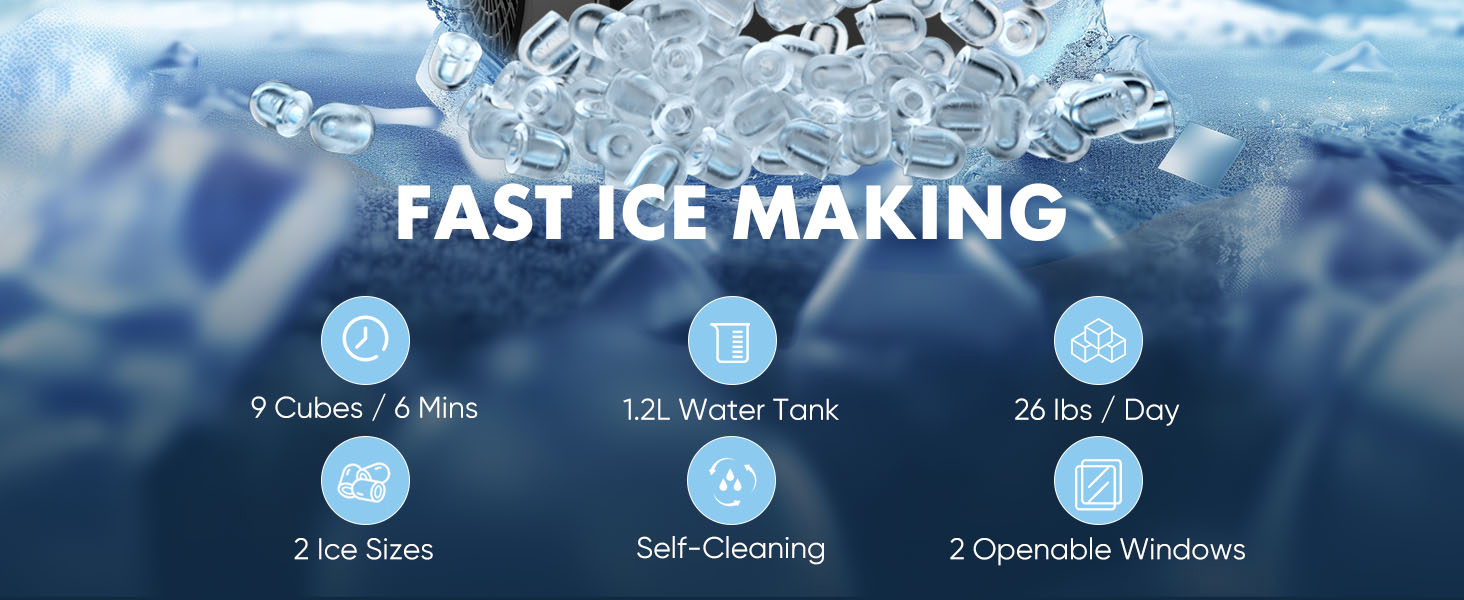 Countertop Ice Maker, Portable Ice Machine Self-Cleaning, 9 Cubes in 6 Mins