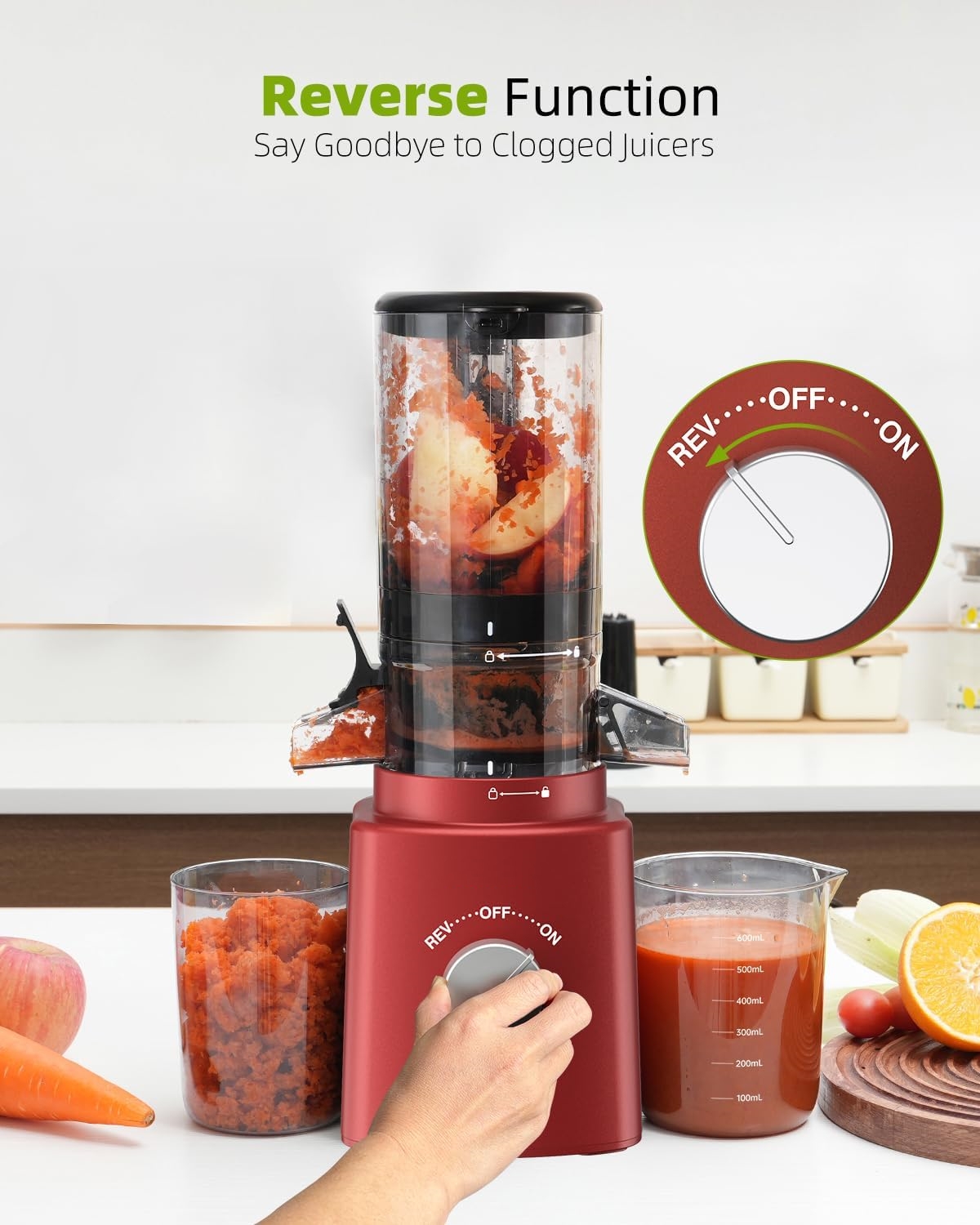 Cold Press Juicer with 8 Juice Bottles - Masticating Juicer Machines for Fruits and Veggies, 4.25" Large Feed Chute, Easy to Clean