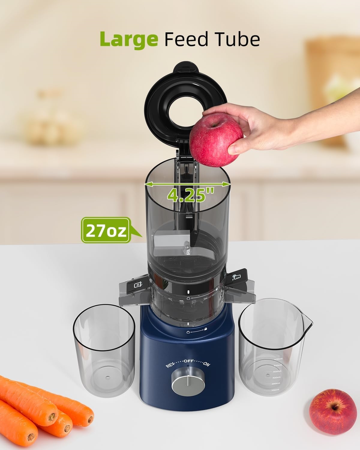 Cold Press Juicer with 8 Juice Bottles - Masticating Juicer Machines for Fruits and Veggies, 4.25" Large Feed Chute, Easy to Clean
