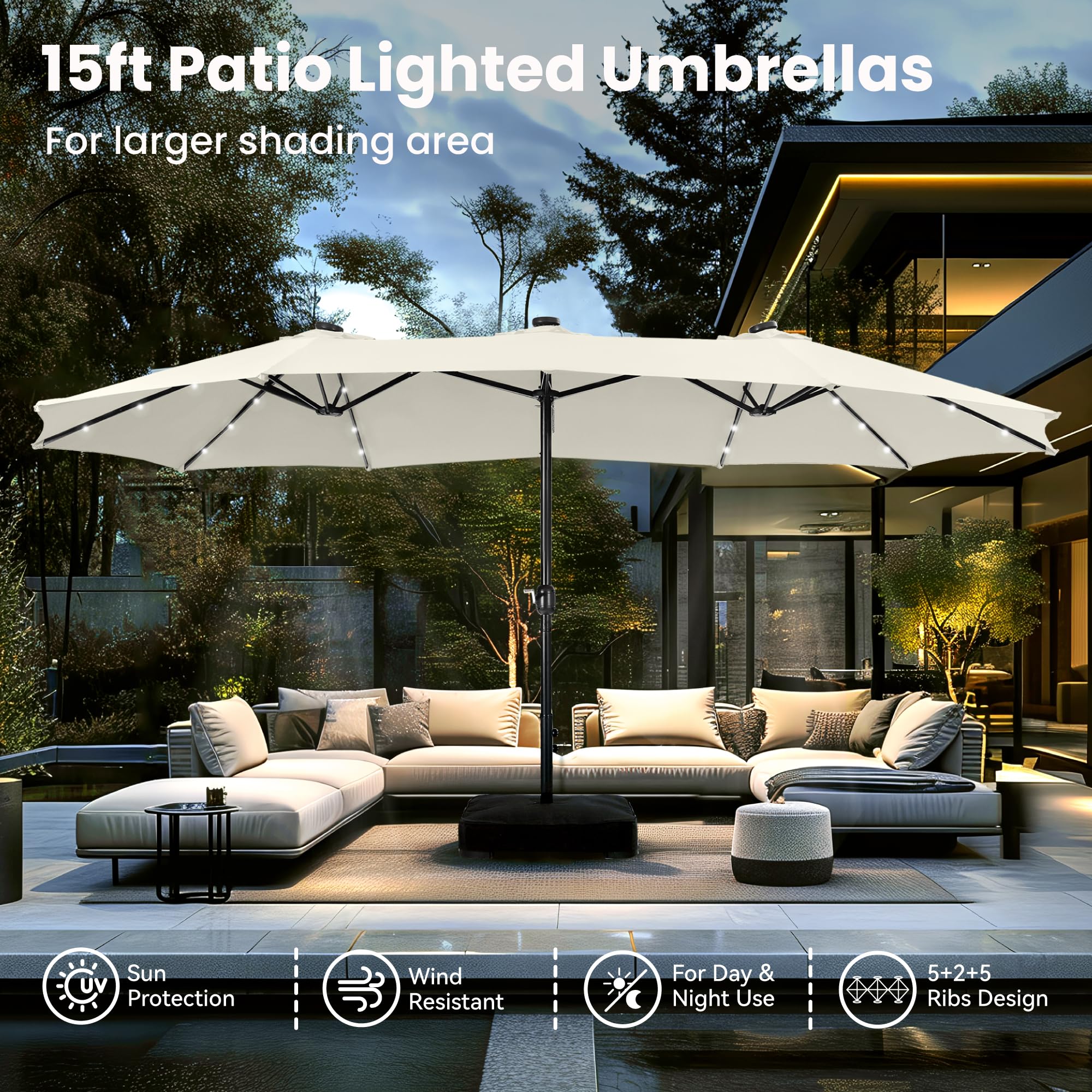 🔥🔥Limited Time Offer🔥🔥 15 ft Extra Large Patio Umbrella with 36 LED Lights, Metal Construction, Includes Base