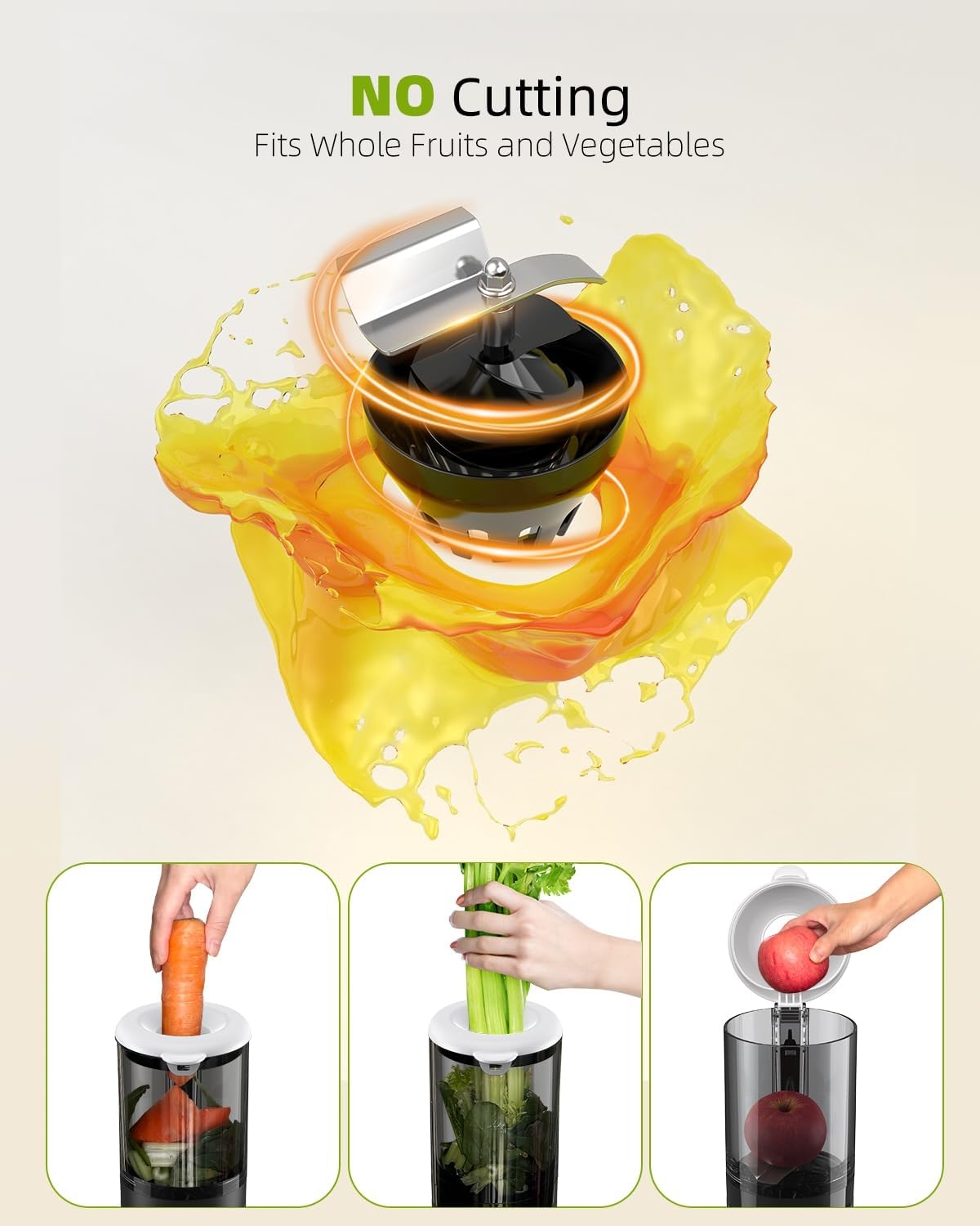 Cold Press Juicer with 8 Juice Bottles - Masticating Juicer Machines for Fruits and Veggies, 4.25" Large Feed Chute, Easy to Clean