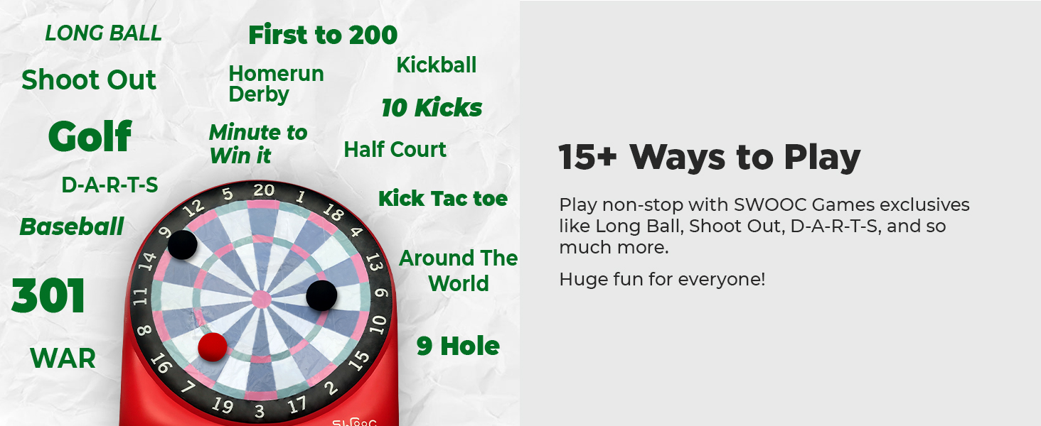 Swooc games for people that do it big. Boy about to kick kickballs at giant dartboard.