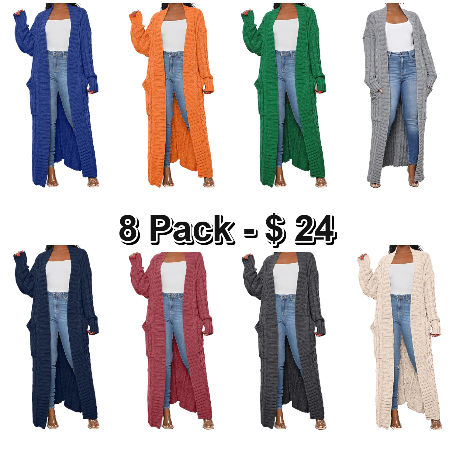 Womens Thin Stylish Cable Knit Dual Extra Long Maxi Cardigan with 2-Pockets
