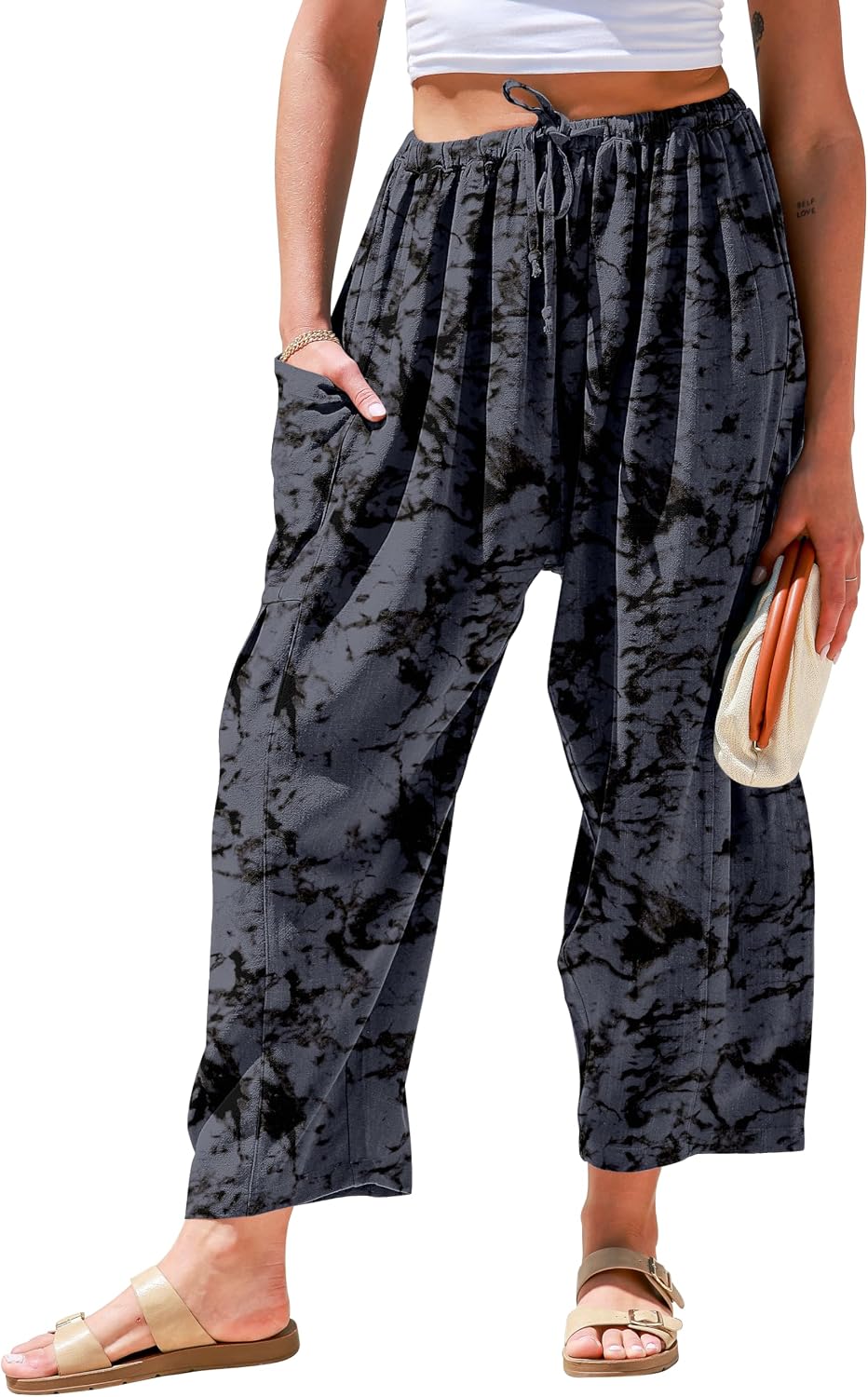 Womens Linen Wide Leg Pants Casual Loose Drawstring Low Waist Beach Palazzo Harem Pants with Pockets