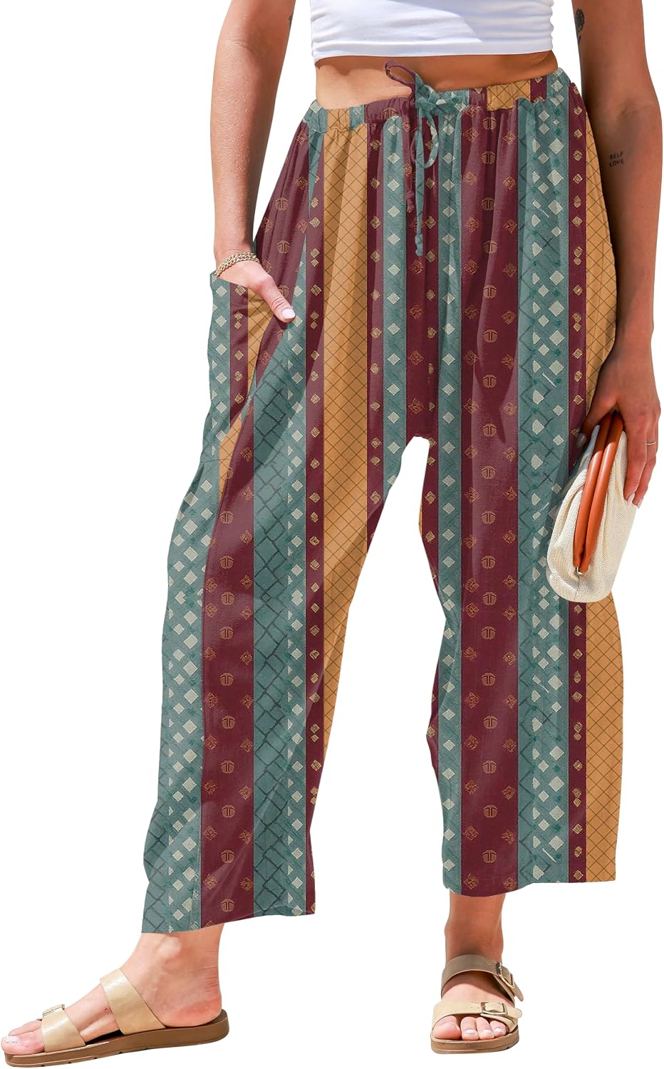 Womens Linen Wide Leg Pants Casual Loose Drawstring Low Waist Beach Palazzo Harem Pants with Pockets