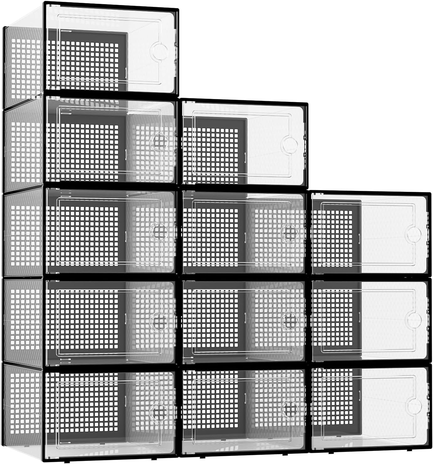 Large Shoe Storage Boxes Organizers Clear Plastic Stackable 12 Pack, Shoe Rack & Holder Substitute, Sneaker Containers, Toy Storage Organizer Bins for Entryway, Closet, Under Bed, Black