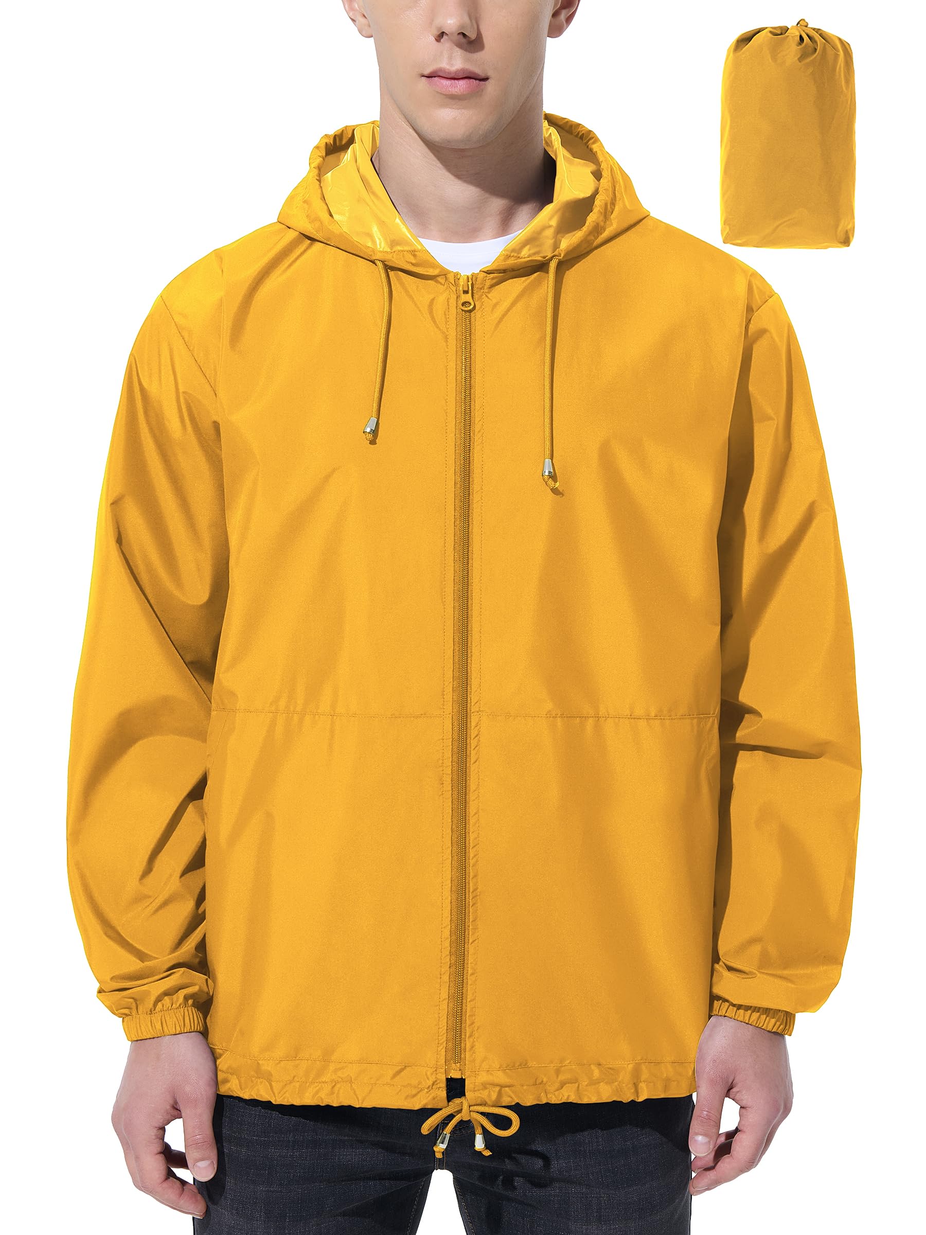 UIQUR Men Waterproof Raincoat Windbreaker Lightweight Packable Rain Jacket - Yellow