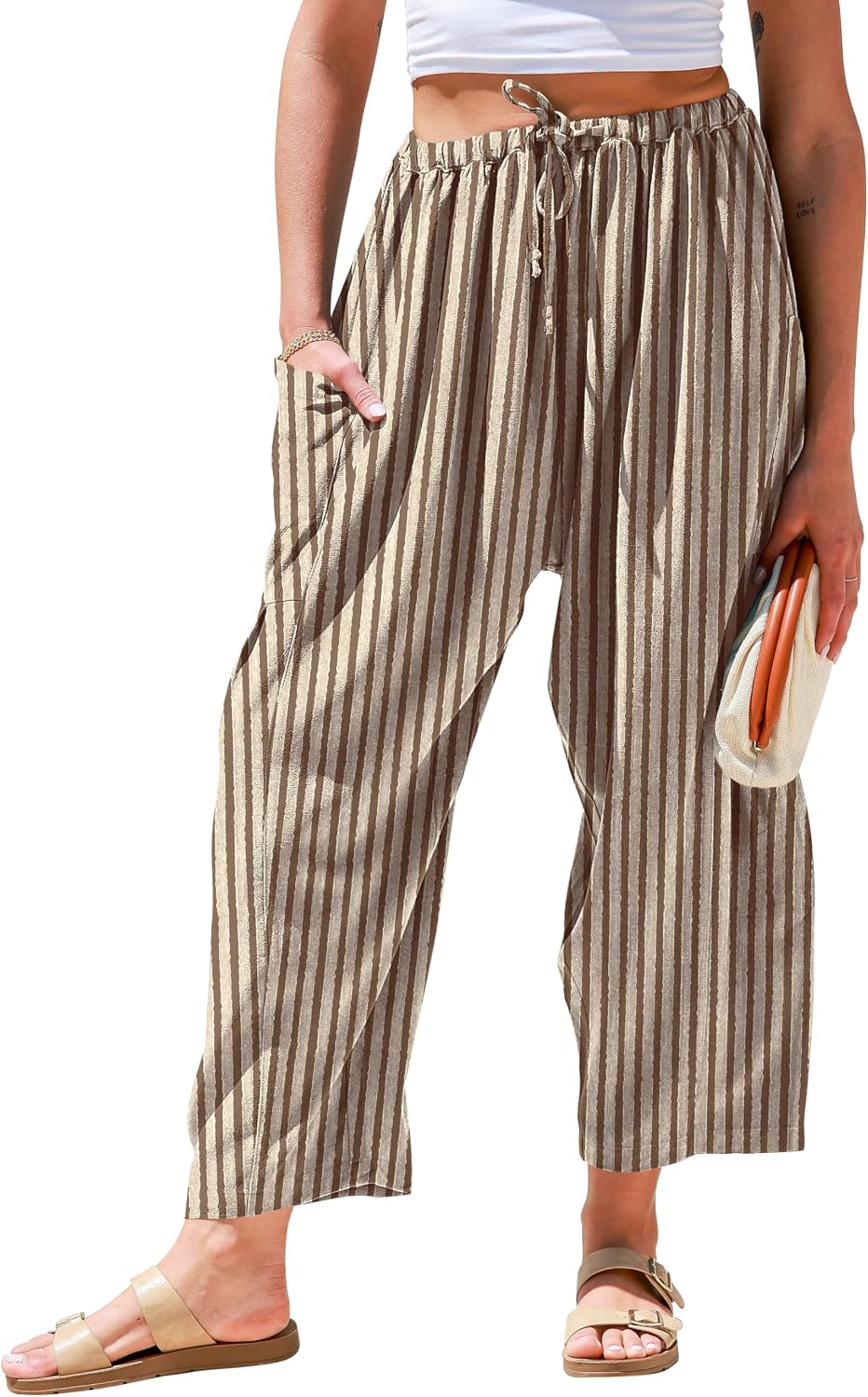 Womens Linen Wide Leg Pants Casual Loose Drawstring Low Waist Beach Palazzo Harem Pants with Pockets