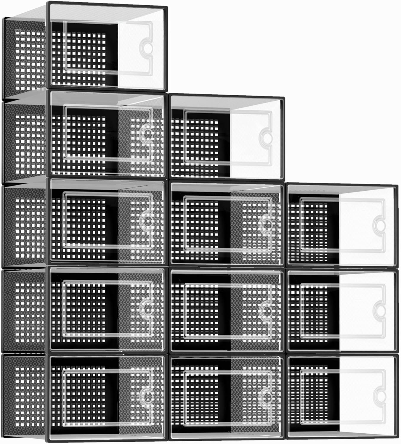 Large Shoe Storage Boxes Organizers Clear Plastic Stackable 12 Pack, Shoe Rack & Holder Substitute, Sneaker Containers, Toy Storage Organizer Bins for Entryway, Closet, Under Bed, Black